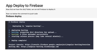 App Deploy to Firebase
Now that we have the dist/ folder, we can tell Firebase to deploy it:
Now run below the comment to push code
firebase deploy
 