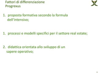 Fattori di differenziazione
 Progrexus

1. proposta formativa secondo la formula
   dell’intensivo;


1. processi e modelli specifici per il settore real estate;


2. didattica orientata allo sviluppo di un
  sapere operativo;




                                                              8
 