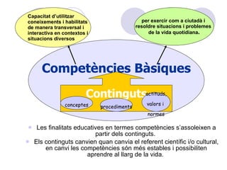 Competències Bàsiques Les finalitats educatives en termes competències s’assoleixen a partir dels continguts.  Els continguts canvien quan canvia el referent científic i/o cultural, en canvi les competències són més estables i possibiliten aprendre al llarg de la vida.  Continguts Capacitat d’utilitzar  coneixements i habilitats  de manera transversal i  interactiva en contextos i  situacions diversos per exercir com a ciutadà i  resoldre situacions i problemes  de la vida quotidiana . conceptes procediments actituds, valors i  normes 
