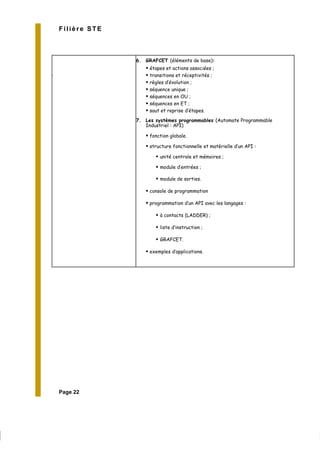 Page 22
Filière STE
.
6. GRAFCET (éléments de base):
étapes et actions associées ;
transitions et réceptivités ;
règles d’évolution ;
séquence unique ;
séquences en OU ;
séquences en ET ;
saut et reprise d’étapes.
7. Les systèmes programmables (Automate Programmable
Industriel : API)
fonction globale.
structure fonctionnelle et matérielle d’un API :
unité centrale et mémoires ;
module d’entrées ;
module de sorties.
console de programmation
programmation d’un API avec les langages :
à contacts (LADDER) ;
liste d’instruction ;
GRAFCET.
exemples d’applications.
 