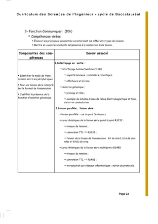 Page 23
Curriculum des Sciences de l’Ingénieur - cycle de Baccalauréat
3- Fonction Communiquer: (10h)
Compétences visées
Énoncer les principaux paramètres caractérisant les différents types de liaisons.
Mettre en œuvre les éléments nécessaires à la réalisation d’une liaison.
Composantes des com-
pétences
Savoir associé
Identifier le mode de trans-
mission entre les périphériques.
Pour une liaison série interpré-
ter le format de transmission.
Justifier la présence de la
fonction d’isolation galvanique.
1.Interfaçage en sortie :
interfaçage homme/machine (IHM)
voyants lumineux : symboles et montages ;
afficheurs et écrans.
isolation galvanique :
principe et rôle ;
exemple de schéma à base de relais électromagnétique et tran-
sistor en commutation.
.2.Liaison parallèle, liaison série:
liaison parallèle : cas du port Centronics.
caractéristiques de la liaison série point à point RS232 :
niveaux de tension ;
conversion TTL RS232 ;
format de la trame de transmission : bit de start, bits de don-
nées et bit(s) de stop.
caractéristiques de la liaison série multipoints RS485
niveaux de tension ;
conversion TTL RS485 ;
introduction aux réseaux informatiques : notion de protocole.
 