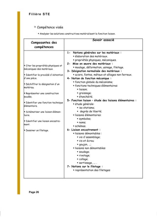 Page 26
Filière STE
Compétence visée
Analyser les solutions constructives matérialisant la fonction liaison.
Composantes des
compétences
Savoir associé
Citer les propriétés physiques et
mécaniques des matériaux.
Identifier le procédé d'obtention
d'une pièce.
Déchiffrer la désignation d'un
matériau.
Représenter une construction
soudée.
Identifier une fonction technique
élémentaire.
Schématiser une liaison élémen-
taire.
Identifier une liaison encastre-
ment.
Dessiner un filetage.
1- Notions générales sur les matériaux :
élaboration des matériaux.
propriétés physiques, mécaniques.
2- Mise en œuvre des matériaux :
moulage, déformation, usinage, filetage.
3- Désignation normalisée des matériaux :
aciers, fontes, métaux et alliages non ferreux.
4- Notion de fonction mécanique :
fonction globale du mécanisme;
fonctions techniques élémentaires:
liaison;
graissage;
étanchéité.
5- Fonction liaison – étude des liaisons élémentaires :
étude générale:
iso statisme;
degrés de liberté.
liaisons élémentaires:
symboles;
noms;
schémas.
6- Liaison encastrement :
liaisons démontables :
vis d'assemblage;
vis et écrou;
goujon, …;
liaisons non démontables:
soudage;
rivetage;
collage;
sertissage, ... .
7- Notions sur le filetage :
représentation des filetages
 
