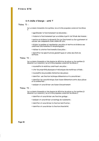 Page 36
Filière STE
6.4-chaîne d'énergie : unité T
Thème T1 :
Sur un dessin d’ensemble d’un système, les activités proposées conduiront les élèves
à :
appréhender le fonctionnement du mécanisme ;
traduire le fonctionnement par un schéma à partir de l’étude des liaisons ;
mettre en évidence la nécessité d’un jeu fonctionnel ou d’un ajustement et
calculer une composante d’une chaîne de cote ;
éclater le système et représenter une pièce et mettre en évidence ses
conditions fonctionnelles et morphologiques ;
réaliser la cotation fonctionnelle d’une pièce ;
déchiffrer les spécifications géométriques et celles des états de
surfaces.
Thème T2 :
Sur un dessin d’ensemble et des dessins de définition de pièces ou d’un système (à
démonter ou à remonter), les activités proposées conduiront les élèves à :
reconnaître le matériau constituant une pièce ;
citer les propriétés physiques et mécaniques des matériaux utilisés ;
reconnaître les procédés d’obtention des pièces ;
identifier une fonction technique élémentaire et la caractériser ;
identifier les caractéristique d’une liaison élémentaire entre deux pièces
et la schématiser ;
analyser et caractériser une liaison d’encastrement.
Thème T3 :
Sur un dessin d’ensemble et des dessins de définition de pièces ou d’un système (à
démonter ou à remonter), les activités proposées conduiront les élèves à :
identifier et caractériser une fonction guidage ;
analyser et caractériser un montage de roulements ;
identifier et caractériser la fonction lubrification ;
identifier et caractériser la fonction étanchéité.
 