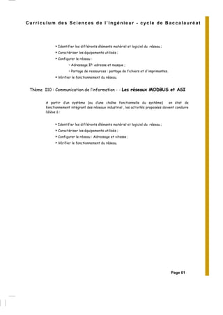 Curriculum des Sciences de l’Ingénieur - cycle de Baccalauréat
Identifier les différents éléments matériel et logiciel du réseau ;
Caractériser les équipements utilisés ;
Configurer le réseau :
Adressage IP: adresse et masque ;
Partage de ressources : partage de fichiers et d'imprimantes.
Vérifier le fonctionnement du réseau.
Thème I10 : Communication de l’information - - Les réseaux MODBUS et ASI
A partir d’un système (ou d’une chaîne fonctionnelle du système) en état de
fonctionnement intégrant des réseaux industriel , les activités proposées doivent conduire
l’élève à :
Identifier les différents éléments matériel et logiciel du réseau ;
Caractériser les équipements utilisés ;
Configurer le réseau : Adressage et vitesse ;
Vérifier le fonctionnement du réseau.
Page 61
 