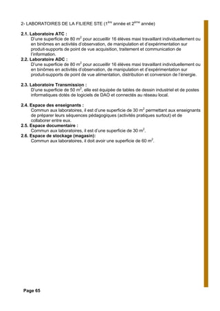 2- LABORATOIRES DE LA FILIERE STE (1ère
année et 2ème
année)
2.1. Laboratoire ATC :
D’une superficie de 80 m2
pour accueillir 16 élèves maxi travaillant individuellement ou
en binômes en activités d’observation, de manipulation et d’expérimentation sur
produit-supports de point de vue acquisition, traitement et communication de
l’information.
2.2. Laboratoire ADC :
D’une superficie de 80 m2
pour accueillir 16 élèves maxi travaillant individuellement ou
en binômes en activités d’observation, de manipulation et d’expérimentation sur
produit-supports de point de vue alimentation, distribution et conversion de l’énergie.
2.3. Laboratoire Transmission :
D’une superficie de 50 m2
, elle est équipée de tables de dessin industriel et de postes
informatiques dotés de logiciels de DAO et connectés au réseau local.
2.4. Espace des enseignants :
Commun aux laboratoires, il est d’une superficie de 30 m2
permettant aux enseignants
de préparer leurs séquences pédagogiques (activités pratiques surtout) et de
collaborer entre eux.
2.5. Espace documentaire :
Commun aux laboratoires, il est d’une superficie de 30 m2
.
2.6. Espace de stockage (magasin):
Commun aux laboratoires, il doit avoir une superficie de 60 m2
.
Page 65
 