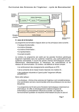 Page 7
Curriculum des Sciences de l’Ingénieur - cycle de Baccalauréat
2– axes de la formation
Le programme de formation s'appuie alors sur les principaux axes suivants :
l'analyse fonctionnelle ;
la chaîne d'énergie ;
la chaîne d'information ;
la représentation ;
le projet encadré.
Le contenu du programme est cadré par les grandes fonctions génériques
largement repérables dans les systèmes modernes, plus particulièrement les
systèmes automatisés. Il couvre les grands champs technologiques actuels :
l'électronique, l'électrotechnique, la mécanique, les automatismes et les
réseaux de communication. Ce contenu est élaboré en tenant compte :
du renforcement des enseignements scientifiques en STE ;
de la contrainte de la masse horaire réservée à la matière SI ;
des systèmes industriels et "grand public" largement diffusés
actuellement ;
Dans cette optique :
La physique - chimie et les sciences de l’ingénieur sont complémentaires.
Une coordination est donc recommandée entre les professeurs de ces deux
disciplines.
Le programme de SI doit suivre l'évolution technologique notamment en
informatique. En effet, le développement matériel et logiciel de
l'informatique a profondément influencé la société. Les objets de
l'environnement quotidien et industriel s'informatisent de plus en plus et
Grandeurs
physiques à
mesurer
Chaîne d’énergieÉnergies
d’entrée
ACQUÉRIR TRAITER COMMUNIQUER
AGIR
Chaîne d’information
Informations desti-
nées à d’autres
systèmes et aux
interfaces H/M
Ordres
Informations is-
sues d’autres systèmes
et d’Interfaces H/M
ALIMENTER DISTRIBUER CONVERTIR TRANSMETTRE
Matière d'œuvre
en entrée
Matière d'œuvre
en sortie
 