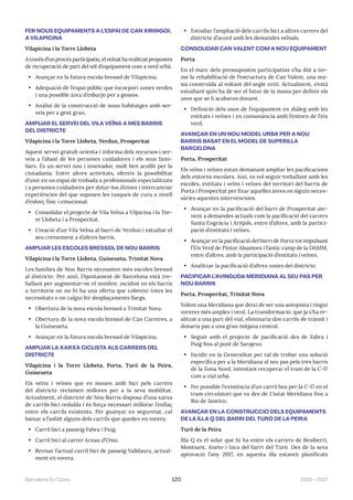 2023—2027
Barcelona En Comú 120
FER NOUS EQUIPAMENTS A L’ESPAI DE CAN XIRINGOI,
A VILAPICINA
Vilapicina i la Torre Llobeta
Atravésd’unprocésparticipatiu,elveïnatharealitzatpropostes
de recuperació de part del sòl d’equipament com a verd urbà.
• Avançar en la futura escola bressol de Vilapicina.
• Adequació de l’espai públic que incorpori zones verdes
i una possible àrea d’esbarjo per a gossos.
• Anàlisi de la construcció de nous habitatges amb ser-
veis per a gent gran.
AMPLIAR EL SERVEI DEL VILA VEÏNA A MÉS BARRIS
DEL DISTRICTE
Vilapicina i la Torre Llobeta, Verdun, Prosperitat
Aquest servei gratuït orienta i informa dels recursos i ser-
veis a l’abast de les persones cuidadores i els seus fami-
liars. És un servei nou i innovador, molt ben acollit per la
ciutadania. Entre altres activitats, ofereix la possibilitat
d’unir en un espai de trobada a professionals especialitzats
i a persones cuidadores per dotar-los d’eines i intercanviar
experiències del que suposen les tasques de cura a nivell
d’esforç físic i emocional.
• Consolidar el projecte de Vila Veïna a Vilpicina i la Tor-
re Llobeta i a Prosperitat.
• Creació d’un Vila Veïna al barri de Verdun i estudiar el
seu creixement a d’altres barris.
AMPLIAR LES ESCOLES BRESSOL DE NOU BARRIS
Vilapicina i la Torre Llobeta, Guineueta, Trinitat Nova
Les famílies de Nou Barris necessiten més escoles bressol
al districte. Per això, l’Ajuntament de Barcelona està tre-
ballant per augmentar-ne el nombre, incidint en els barris
o territoris on no hi ha una oferta que cobreixi totes les
necessitats o on calgui fer desplaçaments llargs.
• Obertura de la nova escola bressol a Trinitat Nova.
• Obertura de la nova escola bressol de Can Carreres, a
la Guineueta.
• Avançar en la futura escola bressol de Vilapicina.
AMPLIAR LA XARXA CICLISTA ALS CARRERS DEL
DISTRICTE
Vilapicina i la Torre Llobeta, Porta, Turó de la Peira,
Guineueta
Els veïns i veïnes que es mouen amb bici pels carrers
del districte reclamen millores per a la seva mobilitat.
Actualment, el districte de Nou Barris disposa d’una xarxa
de carrils bici reduïda i és força necessari millorar l’enllaç
entre els carrils existents. Per guanyar en seguretat, cal
baixar a l’asfalt alguns dels carrils que queden en vorera.
• Carril bici a passeig Fabra i Puig.
• Carril bici al carrer Arnau d’Oms.
• Revisar l’actual carril bici de passeig Valldaura, actual-
ment en vorera.
• Estudiar l’ampliació dels carrils bici a altres carrers del
districte d’acord amb les demandes veïnals.
CONSOLIDAR CAN VALENT COM A NOU EQUIPAMENT
Porta
En el marc dels pressupostos participatius s’ha dut a ter-
me la rehabilitació de l’estructura de Can Valent, una ma-
sia construïda al voltant del segle xviii. Actualment, s’està
estudiant quin ha de ser el futur de la masia per definir els
usos que se li acabaran donant.
• Definició dels usos de l’equipament en diàleg amb les
entitats i veïnes i en consonància amb l’entorn de l’eix
verd.
AVANÇAR EN UN NOU MODEL URBÀ PER A NOU
BARRIS BASAT EN EL MODEL DE SUPERILLA
BARCELONA
Porta, Prosperitat
Els veïns i veïnes estan demanant ampliar les pacificacions
dels entorns escolars. Així, es vol seguir treballant amb les
escoles, entitats i veïns i veïnes del territori del barris de
Porta i Prosperitat per fixar aquelles àrees on siguin neces-
sàries aquestes intervencions.
• Avançar en la pacificació del barri de Prosperitat ate-
nent a demandes actuals com la pacificació del carrers
Santa Engràcia i Aritjols, entre d’altres, amb la partici-
pació d’entitats i veïnes.
• Avançar en la pacificació del barri de Porta tot impulsant
l’Eix Verd de Pintor Alsamora i l’antic camp de la DAMM,
entre d’altres, amb la participació d’entitats i veïnes.
• Analitzar la pacificació d’altres zones del districte.
PACIFICAR L’AVINGUDA MERIDIANA AL SEU PAS PER
NOU BARRIS
Porta, Prosperitat, Trinitat Nova
Volem una Meridiana que deixi de ser una autopista i tingui
voreres més amples i verd. La transformació, que ja s’ha re-
alitzat a una part del vial, eliminaria dos carrils de trànsit i
donaria pas a una gran mitjana central.
• Seguir amb el projecte de pacificació des de Fabra i
Puig fins al pont de Sarajevo.
• Incidir en la Generalitat per tal de trobar una solució
específica per a la Meridiana al seu pas pels tres barris
de la Zona Nord, intentant recuperar el tram de la C-17
com a vial urbà.
• Fer possible l’existència d’un carril bus per la C-17 en el
tram circulatori que va des de Ciutat Meridiana fins a
Rio de Janeiro.
AVANÇAR EN LA CONSTRUCCIÓ DELS EQUIPAMENTS
DE LA ILLA Q DEL BARRI DEL TURÓ DE LA PEIRA
Turó de la Peira
Illa Q és el solar que hi ha entre els carrers de Besiberri,
Montsant, Aneto i Inca del barri del Turó. Des de la seva
aprovació l’any 2017, en aquesta illa estaven planificats
 