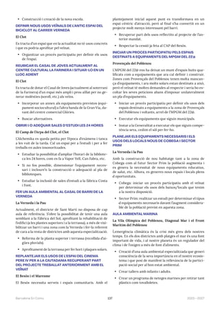 137 2023—2027
Barcelona En Comú
• Construcció i creació de la nova escola.
DEFINIR NOUS USOS VEÏNALS DE L’ANTIC ESPAI DEL
BICICLOT AL CARRER VERNEDA
El Clot
Es tracta d’un espai que en la actualitat no té usos concrets
i que es podria aprofitar pel veïnat.
• Organitzar un procés participatiu per definir els usos
de l’espai.
REUBICAR EL CASAL DE JOVES ACTUALMENT AL
CENTRE CULTURAL LA FARINERA I SITUAR-LO EN UN
LLOC ADIENT
El Clot
Es tracta de dotar el Casal de Joves (actualment al soterrani
de la Farinera) d’un espai més ampli i prou aïllat per no ge-
nerar molèsties (soroll, etc.) als veïns.
• Incorporar un annex als equipaments previstos (equi-
pament sociocultural) a l’altra banda de la Gran Via, da-
vant del centre comercial Glòries.
• Buscar alternatives.
OBRIR I/O ADEQUAR SALES D’ESTUDI LES 24 HORES
El Camp de l’Arpa del Clot, el Clot
L’Alchemika es queda petita per l’època d’exàmens i tanca
a les vuit de la tarda. Cal un espai per a l’estudi i per a fer
treballs en aules insonoritzades.
• Estudiar la possibilitat d’ampliar l’horari de la bibliote-
ca les 24 hores, com es fa a Vapor Vell, Can Fabra, etc.
• Si no fos possible, dimensionar l’equipament neces-
sari i incloure’n la construcció o adequació al pla de
biblioteques.
• Estudiar la inclusió de sales d’estudi a la fàbrica Costa
i Font.
FER UN AULA AMBIENTAL AL CASAL DE BARRI DE LA
VERNEDA
La Verneda i la Pau
Actualment, el districte de Sant Martí no disposa de cap
aula de referència. S’obre la possibilitat de tenir una aula
semblant a la Fàbrica del Sol, aprofitant la rehabilitació de
l’edifici (a les plantes superiors i a la terrassa), a més de visi-
bilitzar un barri i una zona com la Verneda i fer-la referent
de cara a la resta de districtes amb aquesta especialització.
• Reforma de la planta superior i terrassa (recollida d’ai-
gües pluvials).
• Aprofitament de la terrassa per fer hort i plaques solars.
REPLANTEJAR ELS USOS DE L’ESPAI DEL CINEMA
PERE IV PER A LA CIUTADANIA RECUPERANT PART
DEL PROJECTE TREBALLAT ANTERIORMENT AMB EL
VEÏNAT
El Besòs i el Maresme
El Besòs necessita serveis i espais comunitaris. Amb el
plantejament inicial aquest punt es transformava en un
espai cèntric d’atracció, però al final s’ha convertit en un
projecte molt menys interessant pel barri.
• Recuperar part dels usos reflectits al projecte de l’an-
terior mandat.
• Respectar la cessió ja feta al CAP del Besós.
INICIAR UN PROCÉS PARTICIPATIU PELS ESPAIS
DESTINATS A EQUIPAMENTS DEL MPGM DEL 22@
Provençals del Poblenou
L’MPGM del 22@ ens ha deixat un munt d’espais buits qua-
lificats com a equipaments que ara cal definir i construir.
Zones com Provençals del Poblenou tenen molta mancan-
ça d’equipaments, i ara molts solars estan destinats a això,
però el veïnat té moltes demandes al respecte i seria bo es-
coltar les seves peticions abans d’imposar unilateralment
un pla d’equipaments.
• Iniciar un procés participatiu per definir els usos dels
espais destinats a equipaments a la zona de Provençals
del Poblenou i voltants, arrel de l’MPGM del 22@.
• Executar els equipaments que siguin municipals.
• Instar a la Generalitat a executar els que siguin compe-
tència seva, cedint el sòl per fer-ho.
PLANEJAR ELS EQUIPAMENTS NECESSARIS I ELS
USOS DELS LOCALS NOUS DE COBEGA I SECTOR
PRIM
La Verneda i la Pau
Amb la construcció de nou habitatge tant a la zona de
Cobega com al futur Sector Prim la població augmenta i
es genera la necessitat de nous equipaments educatius,
de salut, etc. Alhora, es generen nous espais i locals plens
d
´ oportunitats.
• Cobega: iniciar un procés participatiu amb el veïnat
per determinar els usos dels baixos/locals que tenim
a la nostra disposició.
• Sector Prim: realitzar un estudi per determinar el tipus
d
´ equipaments necessaris davant l’augment considera-
ble de la població previst en aquesta zona.
AULA AMBIENTAL MARINA
La Vila Olímpica del Poblenou, Diagonal Mar i el Front
Marítim del Poblenou
Ĺemergència climàtica és la crisi més greu dels nostres
temps. En els dos districtes amb platges el mar és una font
important de vida, i al nostre planeta és un regulador del
clima i de l’oxigen a més de font d’aliments.
• Creació d’una aula ambiental especialitzada que generi
consciència de la seva importància en el nostre ecosis-
tema i que posi de manifest la rellevància de la partici-
pació social per al bon estat ambiental.
• Crear tallers amb infants i adults.
• Crear un programa de neteges marines per retirar tant
plàstics com tovalloletes.
 