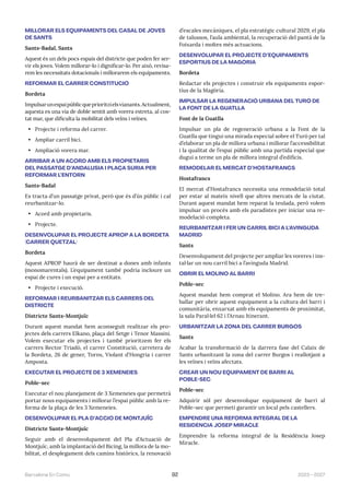 2023—2027
Barcelona En Comú 92
MILLORAR ELS EQUIPAMENTS DEL CASAL DE JOVES
DE SANTS
Sants-Badal, Sants
Aquest és un dels pocs espais del districte que poden fer ser-
vir els joves. Volem millorar-lo i dignificar-lo. Per això, revisa-
rem les necessitats dotacionals i millorarem els equipaments.
REFORMAR EL CARRER CONSTITUCIÓ
Bordeta
Impulsarunespaipúblicqueprioritzielsvianants.Actualment,
aquesta es una via de doble sentit amb vorera estreta, al cos-
tat mar, que dificulta la mobilitat dels veïns i veïnes.
• Projecte i reforma del carrer.
• Ampliar carril bici.
• Ampliació vorera mar.
ARRIBAR A UN ACORD AMB ELS PROPIETARIS
DEL PASSATGE D’ANDALUSIA I PLAÇA SÚRIA PER
REFORMAR L’ENTORN
Sants-Badal
Es tracta d’un passatge privat, però que és d’ús públic i cal
reurbanitzar-lo.
• Acord amb propietaris.
• Projecte.
DESENVOLUPAR EL PROJECTE APROP A LA BORDETA
(CARRER QUETZAL)
Bordeta
Aquest APROP haurà de ser destinat a dones amb infants
(monomarentals). L’equipament també podria incloure un
espai de cures i un espai per a entitats.
• Projecte i execució.
REFORMAR I REURBANITZAR ELS CARRERS DEL
DISTRICTE
Districte Sants-Montjuïc
Durant aquest mandat hem aconseguit realitzar els pro-
jectes dels carrers Elkano, plaça del Setge i Tenor Massini.
Volem executar els projectes i també prioritzem fer els
carrers Rector Triadó, el carrer Constitució, carretera de
la Bordeta, 26 de gener, Torns, Violant d’Hongria i carrer
Amposta.
EXECUTAR EL PROJECTE DE 3 XEMENEIES
Poble-sec
Executar el nou planejament de 3 Xemeneies que permetrà
portar nous equipaments i millorar l’espai públic amb la re-
forma de la plaça de les 3 Xemeneies.
DESENVOLUPAR EL PLA D’ACCIÓ DE MONTJUÏC
Districte Sants-Montjuïc
Seguir amb el desenvolupament del Pla d’Actuació de
Montjuïc, amb la implantació del Bicing, la millora de la mo-
bilitat, el desplegament dels camins històrics, la renovació
d’escales mecàniques, el pla estratègic cultural 2029, el pla
de talussos, l’aula ambiental, la recuperació del pantà de la
Foixarda i moltes més actuacions.
DESENVOLUPAR EL PROJECTE D’EQUIPAMENTS
ESPORTIUS DE LA MAGÒRIA
Bordeta
Redactar els projectes i construir els equipaments espor-
tius de la Magòria.
IMPULSAR LA REGENERACIÓ URBANA DEL TURÓ DE
LA FONT DE LA GUATLLA
Font de la Guatlla
Impulsar un pla de regeneració urbana a la Font de la
Guatlla que tingui una mirada especial sobre el Turó per tal
d’elaborar un pla de millora urbana i millorar l’accessibilitat
i la qualitat de l’espai públic amb una partida especial que
dugui a terme un pla de millora integral d’edificis.
REMODELAR EL MERCAT D’HOSTAFRANCS
Hostafrancs
El mercat d’Hostafrancs necessita una remodelació total
per estar al mateix nivell que altres mercats de la ciutat.
Durant aquest mandat hem reparat la teulada, però volem
impulsar un procés amb els paradistes per iniciar una re-
modelació completa.
REURBANITZAR I FER UN CARRIL BICI A L’AVINGUDA
MADRID
Sants
Desenvolupament del projecte per ampliar les voreres i ins-
tal·lar un nou carril bici a l’avinguda Madrid.
OBRIR EL MOLINO AL BARRI
Poble-sec
Aquest mandat hem comprat el Molino. Ara hem de tre-
ballar per obrir aquest equipament a la cultura del barri i
comunitària, enxarxat amb els equipaments de proximitat,
la sala Paral·lel 62 i l’Arnau Itinerant.
URBANITZAR LA ZONA DEL CARRER BURGOS
Sants
Acabar la transformació de la darrera fase del Calaix de
Sants urbanitzant la zona del carrer Burgos i reallotjant a
les veïnes i veïns afectats.
CREAR UN NOU EQUIPAMENT DE BARRI AL
POBLE-SEC
Poble-sec
Adquirir sòl per desenvolupar equipament de barri al
Poble-sec que permeti garantir un local pels castellers.
EMPENDRE UNA REFORMA INTEGRAL DE LA
RESIDÈNCIA JOSEP MIRACLE
Emprendre la reforma integral de la Residència Josep
Miracle.
 