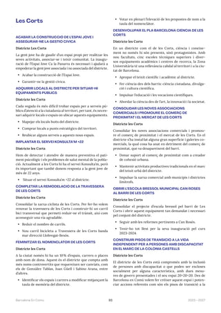 93 2023—2027
Barcelona En Comú
Les Corts
ACABAR LA CONSTRUCCIÓ DE L’ESPAI JOVE I
ASSEGURAR-NE LA GESTIÓ CÍVICA
Districte Les Corts
La gent jove ha de gaudir d’un espai propi per realitzar les
seves activitats, associar-se i teixir comunitat. La inaugu-
ració de l’Espai Jove Ca la Panarra és necessari i ajudarà a
empoderar la gent jove associada i no associada del districte.
• Acabar la construcció de l’Espai Jove.
• Garantir-ne la gestió cívica.
ADQUIRIR LOCALS AL DISTRICTE PER SITUAR-HI
EQUIPAMENTS PÚBLICS
Districte les Corts
Cada vegada és més difícil trobar espais per a serveis pú-
blics d’atenció a la ciutadania al territori, per tant, és neces-
sari adquirir locals o espais on ubicar aquests equipaments.
• Mapejar els locals buits del districte.
• Comprar locals a punts estratègics del territori.
• Reubicar alguns serveis a aquests nous espais.
IMPLANTAR EL SERVEI KONSULTA’M +22
Districte les Corts
Hem de detectar i atendre de manera preventiva el pati-
ment psicològic i els problemes de salut mental de la pobla-
ció. Actualment a les Corts hi ha el servei Konsulta’m, però
és important que també donem resposta a la gent jove de
més de 22 anys.
• Situar el servei Konsulta’m +22 al districte.
COMPLETAR LA REMODELACIÓ DE LA TRAVESSERA
DE LES CORTS
Districte les Corts
Consolidar la xarxa ciclista de les Corts. Per fer-ho volem
renovar la travessera de les Corts i construir-hi un carril
bici transversal que permeti reduir-ne el trànsit, així com
aconseguir una via agradable.
• Reduir el nombre de carrils.
• Nou carril bicicleta a Travessera de les Corts banda
mar direcció Llobregat-Besós.
FEMINITZAR EL NOMENCLÀTOR DE LES CORTS
Districte les Corts
A la ciutat només hi ha un 10% d’espais, carrers o places
amb nom de dona. Aquest és el districte que compta amb
més noms controvertits que requereixen ser canviats, com
els de González Tablas, Joan Güell i Sabino Arana, entre
d’altres.
• Identificar els espais i carrers a modificar mitjançant la
taula de memòria del districte.
• Votar en plenari l’elevació de les propostes de nom a la
taula del nomenclàtor.
DESENVOLUPAR EL PLA BARCELONA CIÈNCIA DE LES
CORTS
Districte les Corts
En un districte com el de les Corts, ciència i coneixe-
ment no només hi són presents, sinó protagonistes. Amb
nou facultats, cinc escoles tècniques superiors i diver-
sos equipaments acadèmics i centres de recerca, la Zona
Universitària té una rellevància cabdal al territori i a la ciu-
tat de Barcelona.
• Apropar el teixit científic i acadèmic al districte.
• Fer ciència des dels barris: ciència ciutadana, divulga-
ció i cultura científica.
• Impulsar l’educació i les vocacions científiques.
• Abordar la ciència des de l’art, la innovació i la societat.
CONSOLIDAR LES NOVES ASSOCIACIONS
COMERCIALS I PROMOURE EL COMERÇ DE
PROXIMITAT I EL MERCAT DE LES CORTS
Districte les Corts
Consolidar les noves associacions comercials i promou-
re el comerç de proximitat i el mercat de les Corts. En el
districte s’ha instal·lat alguna gran superfície i galeries co-
mercials, la qual cosa ha anat en detriment del comerç de
proximitat, que va desapareixent del barri.
• Donar suport al comerç de proximitat com a creador
de cohesió urbana.
• Mantenir activitats productives tradicionals en el marc
del teixit urbà del districte.
• Impulsar la xarxa comercial amb municipis i districtes
limítrofs.
OBRIR L’ESCOLA BRESSOL MUNICIPAL CAN ROSÉS
AL BARRI DE LES CORTS
Districte les Corts
Consolidar el projecte d’escola bressol pel barri de Les
Corts i obrir aquest equipament tan demandat i necessari
pel conjunt del districte.
• Seguir amb les reformes pertinents a Can Rosés.
• Tenir-ho tot llest per la seva inauguració pel curs
2023-2024.
CONSTRUIR PISOS DE TRANSICIÓ A LA VIDA
INDEPENDENT PER A PERSONES AMB DISCAPACITAT
EN EL MARC DE LA COLÒNIA CASTELLS
Districte les Corts
El districte de les Corts està compromès amb la inclusió
de persones amb discapacitat o que poden ser excloses
socialment per alguna característica, amb dues mesu-
res de govern presentades i el seu espai 20+20+20. Des de
Barcelona en Comú volem fer créixer aquest espai i poten-
ciar accions referents com són els pisos de transició a la
 