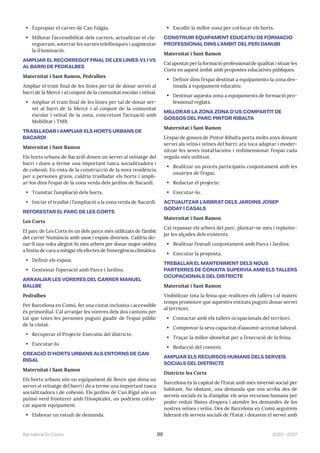 2023—2027
Barcelona En Comú 96
• Expropiar el carrer de Can Falgàs.
• Millorar l’accessibilitat dels carrers, actualitzar el cla-
vegueram, soterrar les xarxes telefòniques i augmentar
la il·luminació.
AMPLIAR EL RECORREGUT FINAL DE LES LÍNIES V1 I V5
AL BARRI DE PEDRALBES
Maternitat i Sant Ramon, Pedralbes
Ampliar el tram final de les línies per tal de donar servei al
barri de la Mercè i al conjunt de la comunitat escolar i veïnal.
• Ampliar el tram final de les línies per tal de donar ser-
vei al barri de la Mercè i al conjunt de la comunitat
escolar i veïnal de la zona, concretant l’actuació amb
Mobilitat i TMB.
TRASLLADAR I AMPLIAR ELS HORTS URBANS DE
BACARDÍ
Maternitat i Sant Ramon
Els horts urbans de Bacardí donen un servei al veïnatge del
barri i duen a terme una important tasca socialitzadora i
de cohesió. En vista de la construcció de la nova residència
per a persones grans, caldria traslladar els horts i ampli-
ar-los dins l’espai de la zona verda dels jardins de Bacardí.
• Tramitar l’ampliació dels horts.
• Iniciar el trasllat i l’ampliació a la zona verda de Bacardí.
REFORESTAR EL PARC DE LES CORTS
Les Corts
El parc de Les Corts és un dels parcs més utilitzats de l’àmbit
del carrer Numància amb usos i espais diversos. Caldria do-
nar-li una volta afegint-hi més arbres per donar major ombra
a l’estiu de cara a mitigar els efectes de l’emergència climàtica.
• Definir els espais.
• Gestionar l’operació amb Parcs i Jardins.
ARRANJAR LES VORERES DEL CARRER MANUEL
BALLBÈ
Pedralbes
Per Barcelona en Comú, fer una ciutat inclusiva i accessible
és primordial. Cal arranjar les voreres dels dos cantons per
tal que totes les persones puguin gaudir de l’espai públic
de la ciutat.
• Recuperar el Projecte Executiu del districte.
• Executar-lo.
CREACIÓ D’HORTS URBANS ALS ENTORNS DE CAN
RIGAL
Maternitat i Sant Ramon
Els horts urbans són un equipament de lleure que dona un
servei al veïnatge del barri i du a terme una important tasca
socialitzadora i de cohesió. Els jardins de Can Rigal són un
pulmó verd fronterer amb l’Hospitalet, on podríem col·lo-
car aquest equipament.
• Elaborar un estudi de demanda.
• Escollir la millor zona per col·locar els horts.
CONSTRUIR EQUIPAMENT EDUCATIU DE FORMACIÓ
PROFESSIONAL DINS L’ÀMBIT DEL PERI DANUBI
Maternitat i Sant Ramon
Cal apostar per la formació professional de qualitat i situar les
Corts en aquest àmbit amb propostes educatives públiques.
• Definir dins l’espai destinat a equipaments la zona des-
tinada a equipament educatiu.
• Destinar aquesta zona a equipaments de formació pro-
fessional reglats.
MILLORAR LA ZONA ZONA D’ÚS COMPARTIT DE
GOSSOS DEL PARC PINTOR RIBALTA
Maternitat i Sant Ramon
L’espai de gossos de Pintor Ribalta porta molts anys donant
servei als veïns i veïnes del barri: ara toca adaptar i moder-
nitzar les seves instal·lacions i redimensionar l’espai cada
vegada més utilitzat.
• Realitzar un procés participatiu conjuntament amb les
usuàries de l’espai.
• Redactar el projecte.
• Executar-lo.
ACTUALITZAR L’ARBRAT DELS JARDINS JOSEP
GODAY I CASALS
Maternitat i Sant Ramon
Cal repassar els arbres del parc, plantar-ne més i replante-
jar les alçades dels existents.
• Realitzar l’estudi conjuntament amb Parcs i Jardins.
• Executar la proposta.
TREBALLAR EL MANTENIMENT DELS NOUS
PARTERRES DE CONXITA SUPERVIA AMB ELS TALLERS
OCUPACIONALS DEL DISTRICTE
Maternitat i Sant Ramon
Visibilitzar tota la feina que realitzen els tallers i al mateix
temps promoure que aquestes entitats puguin donar servei
al territori.
• Contactar amb els tallers ocupacionals del territori.
• Comprovar la seva capacitat d’assumir activitat laboral.
• Traçar la millor idoneïtat per a l’execució de la feina.
• Redacció del conveni.
AMPLIAR ELS RECURSOS HUMANS DELS SERVEIS
SOCIALS DEL DISTRICTE
Districte les Corts
Barcelona és la capital de l’Estat amb més inversió social per
habitant. No obstant, una demanda que ens arriba des de
serveis socials és la d’ampliar els seus recursos humans per
poder reduir llistes d’espera i atendre les demandes de les
nostres veïnes i veïns. Des de Barcelona en Comú seguirem
liderant els serveis socials de l’Estat i dotarem el servei amb
 