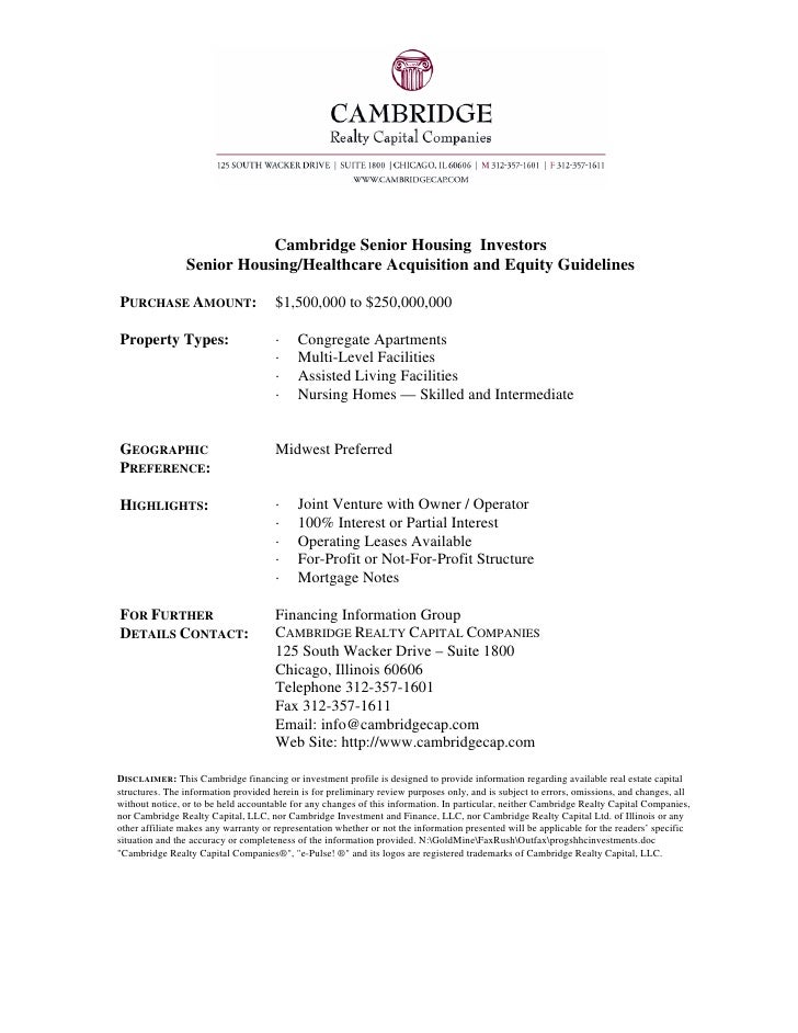 Cambridge Senior Housing Investors Senior Housing/Healthcare Acquisition and Equity Guidelines