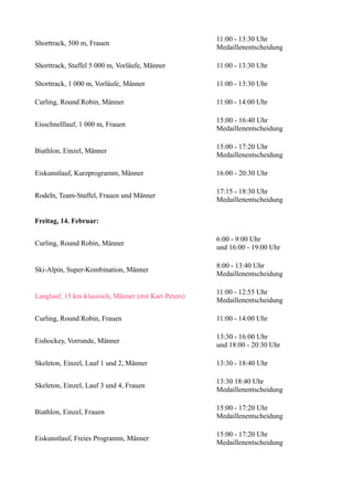 Shorttrack, 500 m, Frauen

11:00 - 13:30 Uhr
Medaillenentscheidung

Shorttrack, Staffel 5 000 m, Vorläufe, Männer

11:00 - 13:30 Uhr

Shorttrack, 1 000 m, Vorläufe, Männer

11:00 - 13:30 Uhr

Curling, Round Robin, Männer

11:00 - 14:00 Uhr

Eisschnelllauf, 1 000 m, Frauen

15:00 - 16:40 Uhr
Medaillenentscheidung

Biathlon, Einzel, Männer

15:00 - 17:20 Uhr
Medaillenentscheidung

Eiskunstlauf, Kurzprogramm, Männer

16:00 - 20:30 Uhr

Rodeln, Team-Staffel, Frauen und Männer

17:15 - 18:30 Uhr
Medaillenentscheidung

Freitag, 14. Februar:
Curling, Round Robin, Männer

6:00 - 9:00 Uhr
und 16:00 - 19:00 Uhr

Ski-Alpin, Super-Kombination, Männer

8:00 - 13:40 Uhr
Medaillenentscheidung

Langlauf, 15 km klassisch, Männer (mit Kari Peters)

11:00 - 12:55 Uhr
Medaillenentscheidung

Curling, Round Robin, Frauen

11:00 - 14:00 Uhr

Eishockey, Vorrunde, Männer

13:30 - 16:00 Uhr
und 18:00 - 20:30 Uhr

Skeleton, Einzel, Lauf 1 und 2, Männer

13:30 - 18:40 Uhr

Skeleton, Einzel, Lauf 3 und 4, Frauen

13:30 18:40 Uhr
Medaillenentscheidung

Biathlon, Einzel, Frauen

15:00 - 17:20 Uhr
Medaillenentscheidung

Eiskunstlauf, Freies Programm, Männer

15:00 - 17:20 Uhr
Medaillenentscheidung

 