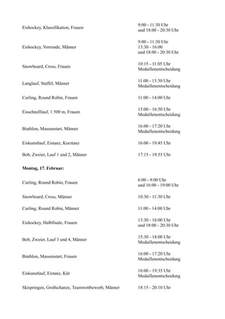 Eishockey, Klassifikation, Frauen

9:00 - 11:30 Uhr
und 18:00 - 20:30 Uhr

Eishockey, Vorrunde, Männer

9:00 - 11:30 Uhr
13:30 - 16:00
und 18:00 - 20:30 Uhr

Snowboard, Cross, Frauen

10:15 - 11:05 Uhr
Medaillenentscheidung

Langlauf, Staffel, Männer

11:00 - 13:30 Uhr
Medaillenentscheidung

Curling, Round Robin, Frauen

11:00 - 14:00 Uhr

Eisschnelllauf, 1 500 m, Frauen

15:00 - 16:50 Uhr
Medaillenentscheidung

Biathlon, Massenstart, Männer

16:00 - 17:20 Uhr
Medaillenentscheidung

Eiskunstlauf, Eistanz, Kurztanz

16:00 - 19:45 Uhr

Bob, Zweier, Lauf 1 und 2, Männer

17:15 - 19:55 Uhr

Montag, 17. Februar:
Curling, Round Robin, Frauen

6:00 - 9:00 Uhr
und 16:00 - 19:00 Uhr

Snowboard, Cross, Männer

10:30 - 11:30 Uhr

Curling, Round Robin, Männer

11:00 - 14:00 Uhr

Eishockey, Halbfinale, Frauen

13:30 - 16:00 Uhr
und 18:00 - 20:30 Uhr

Bob, Zweier, Lauf 3 und 4, Männer

15:30 - 18:00 Uhr
Medaillenentscheidung

Biathlon, Massenstart, Frauen

16:00 - 17:20 Uhr
Medaillenentscheidung

Eiskunstlauf, Eistanz, Kür

16:00 - 19:35 Uhr
Medaillenentscheidung

Skispringen, Großschanze, Teamwettbewerb, Männer

18:15 - 20:10 Uhr

 