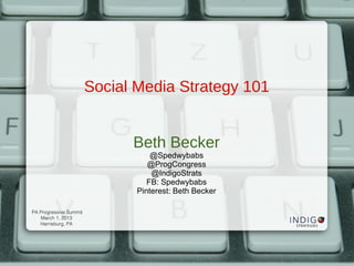 Social Media Strategy 101


                              Beth Becker
                                   @Spedwybabs
                                  @ProgCongress
                                   @IndigoStrats
                                  FB: Spedwybabs
                               Pinterest: Beth Becker

PA Progressive Summit
   March 1, 2013
   Harrisburg, PA
 