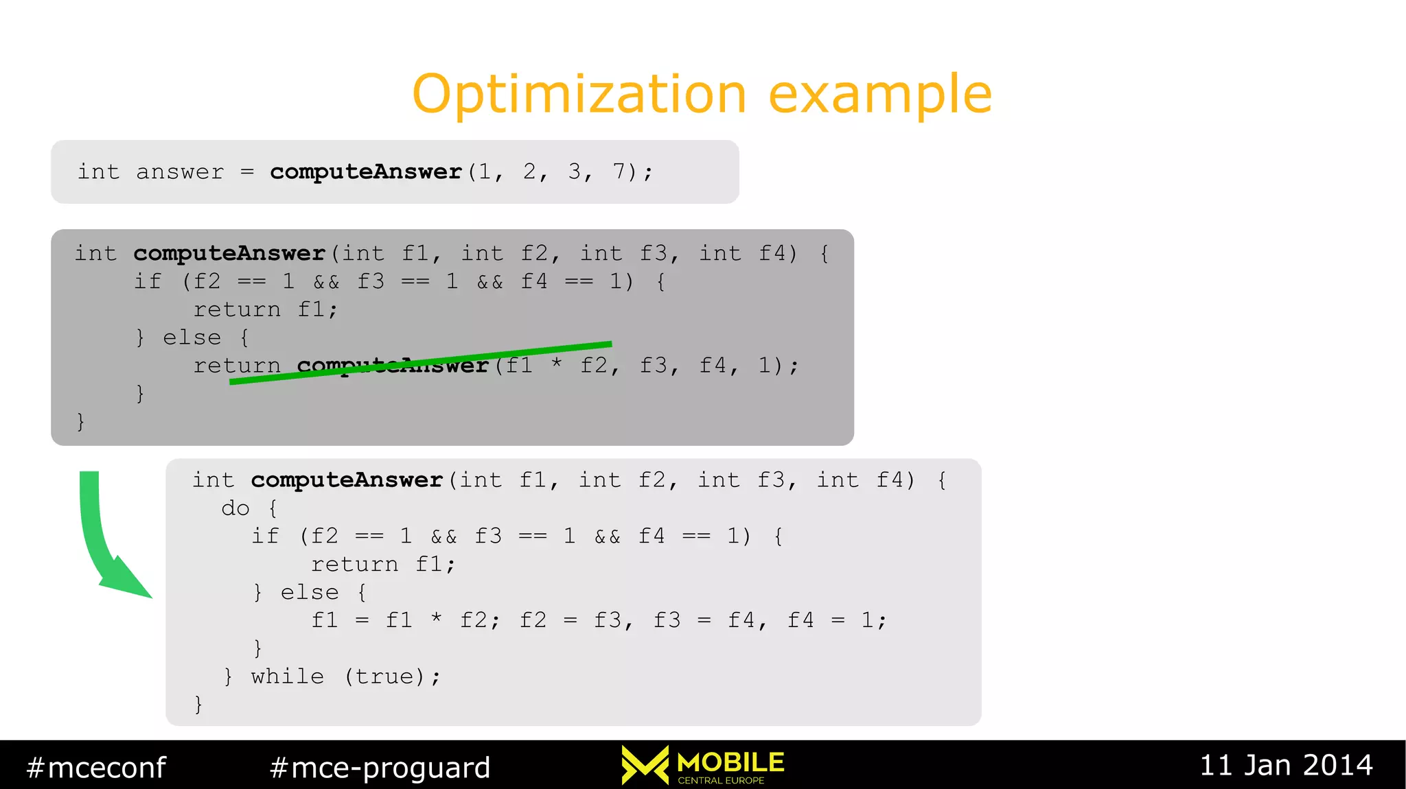 #mceconf #mce-proguard 11 Jan 2014
Optimization example
int answer = computeAnswer(1, 2, 3, 7);int answer = computeAnswer(1, 2, 3, 7);
int computeAnswer(int f1, int f2, int f3, int f4) {
if (f2 == 1 && f3 == 1 && f4 == 1) {
return f1;
} else {
return computeAnswer(f1 * f2, f3, f4, 1);
}
}
int computeAnswer(int f1, int f2, int f3, int f4) {
if (f2 == 1 && f3 == 1 && f4 == 1) {
return f1;
} else {
return computeAnswer(f1 * f2, f3, f4, 1);
}
}
int computeAnswer(int f1, int f2, int f3, int f4) {
do {
if (f2 == 1 && f3 == 1 && f4 == 1) {
return f1;
} else {
f1 = f1 * f2; f2 = f3, f3 = f4, f4 = 1;
}
} while (true);
}
int computeAnswer(int f1, int f2, int f3, int f4) {
do {
if (f2 == 1 && f3 == 1 && f4 == 1) {
return f1;
} else {
f1 = f1 * f2; f2 = f3, f3 = f4, f4 = 1;
}
} while (true);
}
 