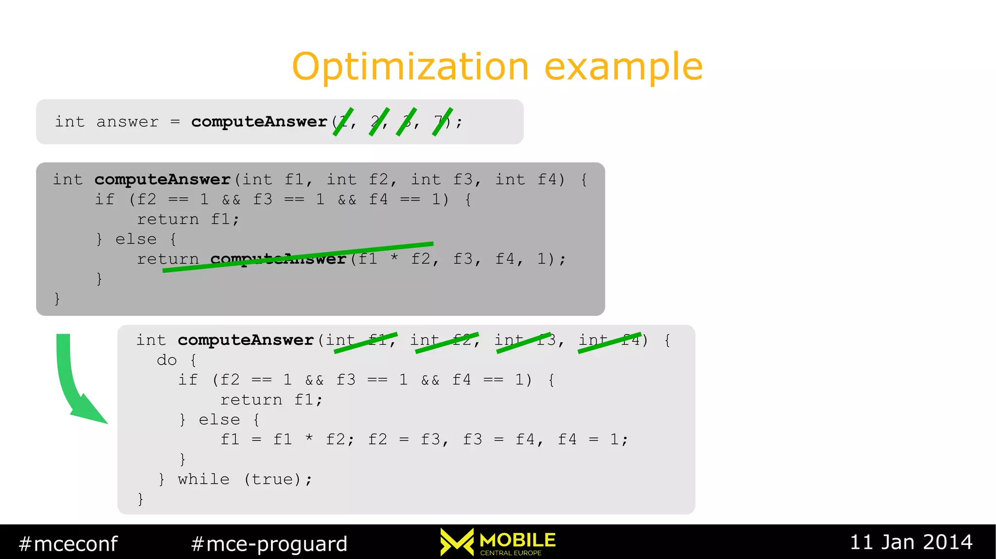 #mceconf #mce-proguard 11 Jan 2014
Optimization example
int answer = computeAnswer(1, 2, 3, 7);int answer = computeAnswer(1, 2, 3, 7);
int computeAnswer(int f1, int f2, int f3, int f4) {
if (f2 == 1 && f3 == 1 && f4 == 1) {
return f1;
} else {
return computeAnswer(f1 * f2, f3, f4, 1);
}
}
int computeAnswer(int f1, int f2, int f3, int f4) {
if (f2 == 1 && f3 == 1 && f4 == 1) {
return f1;
} else {
return computeAnswer(f1 * f2, f3, f4, 1);
}
}
int computeAnswer(int f1, int f2, int f3, int f4) {
do {
if (f2 == 1 && f3 == 1 && f4 == 1) {
return f1;
} else {
f1 = f1 * f2; f2 = f3, f3 = f4, f4 = 1;
}
} while (true);
}
int computeAnswer(int f1, int f2, int f3, int f4) {
do {
if (f2 == 1 && f3 == 1 && f4 == 1) {
return f1;
} else {
f1 = f1 * f2; f2 = f3, f3 = f4, f4 = 1;
}
} while (true);
}
 