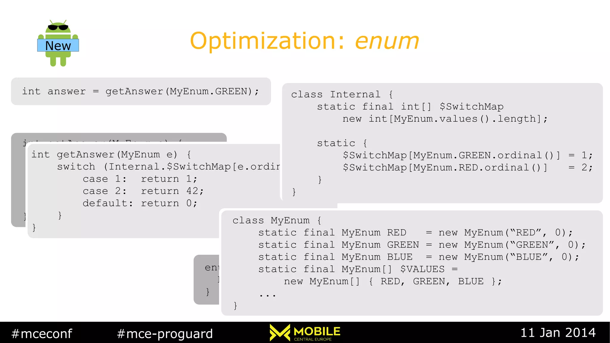 #mceconf #mce-proguard 11 Jan 2014
Optimization: enum
int answer = getAnswer(MyEnum.GREEN);int answer = getAnswer(MyEnum.GREEN);
int getAnswer(MyEnum e) {
switch (e) {
case RED: return 1;
case GREEN: return 42;
default: return 0;
}
}
int getAnswer(MyEnum e) {
switch (e) {
case RED: return 1;
case GREEN: return 42;
default: return 0;
}
}
enum MyEnum {
RED, GREEN, BLUE
}
enum MyEnum {
RED, GREEN, BLUE
}
int getAnswer(MyEnum e) {
switch (Internal.$SwitchMap[e.ordinal()]) {
case 1: return 1;
case 2: return 42;
default: return 0;
}
}
int getAnswer(MyEnum e) {
switch (Internal.$SwitchMap[e.ordinal()]) {
case 1: return 1;
case 2: return 42;
default: return 0;
}
}
class MyEnum {
static final MyEnum RED = new MyEnum(“RED”, 0);
static final MyEnum GREEN = new MyEnum(“GREEN”, 0);
static final MyEnum BLUE = new MyEnum(“BLUE”, 0);
static final MyEnum[] $VALUES =
new MyEnum[] { RED, GREEN, BLUE };
...
}
class MyEnum {
static final MyEnum RED = new MyEnum(“RED”, 0);
static final MyEnum GREEN = new MyEnum(“GREEN”, 0);
static final MyEnum BLUE = new MyEnum(“BLUE”, 0);
static final MyEnum[] $VALUES =
new MyEnum[] { RED, GREEN, BLUE };
...
}
class Internal {
static final int[] $SwitchMap
new int[MyEnum.values().length];
static {
$SwitchMap[MyEnum.GREEN.ordinal()] = 1;
$SwitchMap[MyEnum.RED.ordinal()] = 2;
}
}
class Internal {
static final int[] $SwitchMap
new int[MyEnum.values().length];
static {
$SwitchMap[MyEnum.GREEN.ordinal()] = 1;
$SwitchMap[MyEnum.RED.ordinal()] = 2;
}
}
New
 