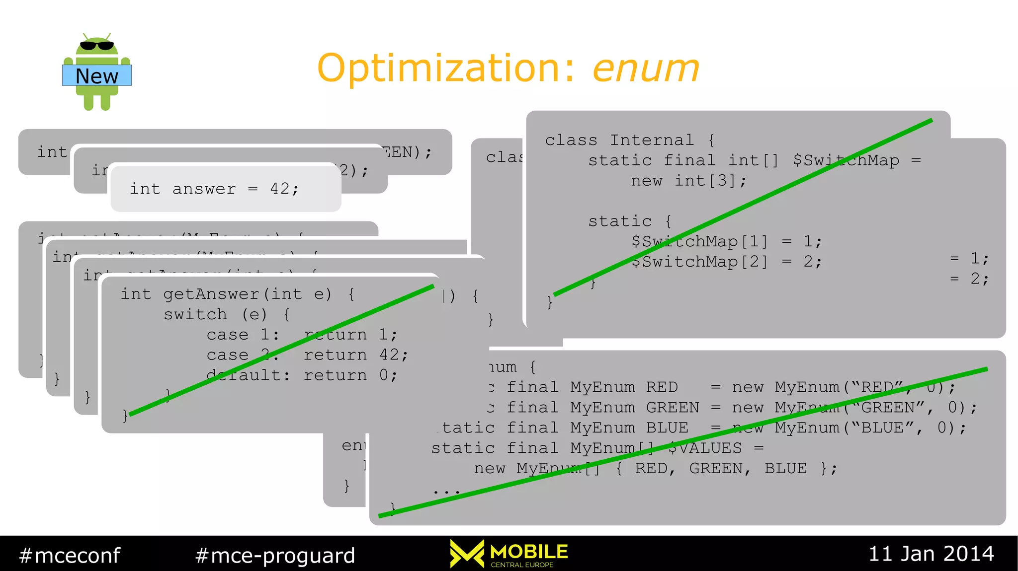 #mceconf #mce-proguard 11 Jan 2014
Optimization: enum
int answer = getAnswer(MyEnum.GREEN);int answer = getAnswer(MyEnum.GREEN);
int getAnswer(MyEnum e) {
switch (e) {
case RED: return 1;
case GREEN: return 42;
default: return 0;
}
}
int getAnswer(MyEnum e) {
switch (e) {
case RED: return 1;
case GREEN: return 42;
default: return 0;
}
}
enum MyEnum {
RED, GREEN, BLUE
}
enum MyEnum {
RED, GREEN, BLUE
}
int getAnswer(MyEnum e) {
switch (Internal.$SwitchMap[e.ordinal()]) {
case 1: return 1;
case 2: return 42;
default: return 0;
}
}
int getAnswer(MyEnum e) {
switch (Internal.$SwitchMap[e.ordinal()]) {
case 1: return 1;
case 2: return 42;
default: return 0;
}
}
class MyEnum {
static final MyEnum RED = new MyEnum(“RED”, 0);
static final MyEnum GREEN = new MyEnum(“GREEN”, 0);
static final MyEnum BLUE = new MyEnum(“BLUE”, 0);
static final MyEnum[] $VALUES =
new MyEnum[] { RED, GREEN, BLUE };
...
}
class MyEnum {
static final MyEnum RED = new MyEnum(“RED”, 0);
static final MyEnum GREEN = new MyEnum(“GREEN”, 0);
static final MyEnum BLUE = new MyEnum(“BLUE”, 0);
static final MyEnum[] $VALUES =
new MyEnum[] { RED, GREEN, BLUE };
...
}
class Internal {
static final int[] $SwitchMap
new int[MyEnum.values().length];
static {
$SwitchMap[MyEnum.GREEN.ordinal()] = 1;
$SwitchMap[MyEnum.RED.ordinal()] = 2;
}
}
class Internal {
static final int[] $SwitchMap
new int[MyEnum.values().length];
static {
$SwitchMap[MyEnum.GREEN.ordinal()] = 1;
$SwitchMap[MyEnum.RED.ordinal()] = 2;
}
}
int answer = getAnswer(2);int answer = getAnswer(2);
int getAnswer(int e) {
switch (Internal.$SwitchMap[e]) {
case 1: return 1;
case 2: return 42;
default: return 0;
}
}
int getAnswer(int e) {
switch (Internal.$SwitchMap[e]) {
case 1: return 1;
case 2: return 42;
default: return 0;
}
}
int getAnswer(int e) {
switch (e) {
case 1: return 1;
case 2: return 42;
default: return 0;
}
}
int getAnswer(int e) {
switch (e) {
case 1: return 1;
case 2: return 42;
default: return 0;
}
}
int answer = 42;int answer = 42;
New
class Internal {
static final int[] $SwitchMap =
new int[3];
static {
$SwitchMap[1] = 1;
$SwitchMap[2] = 2;
}
}
class Internal {
static final int[] $SwitchMap =
new int[3];
static {
$SwitchMap[1] = 1;
$SwitchMap[2] = 2;
}
}
 