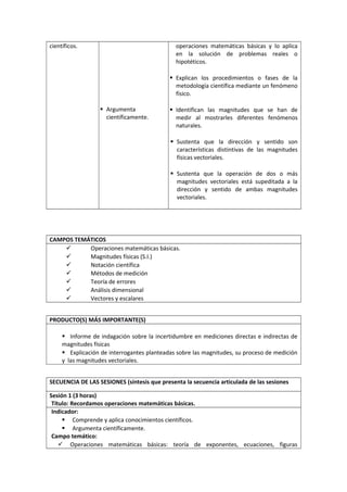científicos.
 Argumenta
científicamente.
operaciones matemáticas básicas y lo aplica
en la solución de problemas reales o
hipotéticos.
 Explican los procedimientos o fases de la
metodología científica mediante un fenómeno
físico.
 Identifican las magnitudes que se han de
medir al mostrarles diferentes fenómenos
naturales.
 Sustenta que la dirección y sentido son
características distintivas de las magnitudes
físicas vectoriales.
 Sustenta que la operación de dos o más
magnitudes vectoriales está supeditada a la
dirección y sentido de ambas magnitudes
vectoriales.
CAMPOS TEMÁTICOS
 Operaciones matemáticas básicas.
 Magnitudes físicas (S.I.)
 Notación científica
 Métodos de medición
 Teoría de errores
 Análisis dimensional
 Vectores y escalares
PRODUCTO(S) MÁS IMPORTANTE(S)
 Informe de indagación sobre la incertidumbre en mediciones directas e indirectas de
magnitudes físicas
 Explicación de interrogantes planteadas sobre las magnitudes, su proceso de medición
y las magnitudes vectoriales.
SECUENCIA DE LAS SESIONES (síntesis que presenta la secuencia articulada de las sesiones
Sesión 1 (3 horas)
Título: Recordamos operaciones matemáticas básicas.
Indicador:
 Comprende y aplica conocimientos científicos.
 Argumenta científicamente.
Campo temático:
 Operaciones matemáticas básicas: teoría de exponentes, ecuaciones, figuras
 