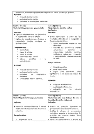 geométricas, funciones trigonométricas, regla de tres simple, porcentajes, gráficos.
Actividad:
 Búsqueda de información.
 Análisis de la información.
 Resolución de interrogantes planteadas.
Sesión 2 (6 horas)
Título: La Física, una ciencia y sus métodos
Sesión 3 (3 horas)
Título: Notación científica y cifras
significativas
Indicador:
 Explica la importancia de las aplicaciones
de las diferentes ramas de la física.
 Explican los procedimientos o fases de la
metodología científica mediante un
fenómeno físico.
Campo temático:
 Ciencia física
 Etapas de la física
 Ramas de la física
 Los métodos de la ciencia.
 Método científico y su
procedimiento.
Actividad:
 Búsqueda de información.
 Análisis de la información.
 Resolución de interrogantes
planteadas.
 Aplicación del método científico.
Indicador:
 Extrae conclusiones a partir de los
resultados obtenidos en la indagación o
fundamentos científicos.
 Emite conclusiones basadas en sus
resultados.
 Sustenta sus conclusiones usando
convenciones científicas y
matemáticas (notación científica,
unidades de medida, etc.) y responde
a los comentarios críticos y preguntas
de otros.
Campo temático:
 Notación científica
 Cifras significativas
 Reglas para determinar cifras
significativas en los resultados después de
medir.
Actividad:
 Búsqueda de información.
 Análisis de la información.
 Aplicación en los cálculos
matemáticos.
Sesión 4 (3 horas)
Título: Magnitudes físicas y sus unidades
Sesión 5 (6 horas)
Título: Protocolos para el cálculo del error e
incertidumbre en las mediciones
Indicador:
 Identifican las magnitudes que se han de
medir al mostrarles diferentes fenómenos
naturales.
Campo temático:
 Magnitudes físicas.
Indicador:
 Elabora un protocolo explicando el
procedimiento para realizar mediciones.
 Justifica la selección de herramientas,
materiales, equipos e instrumentos de
precisión que permitan obtener datos
fiables y suficientes.
 Verifica la confiabilidad de la fuente de
 