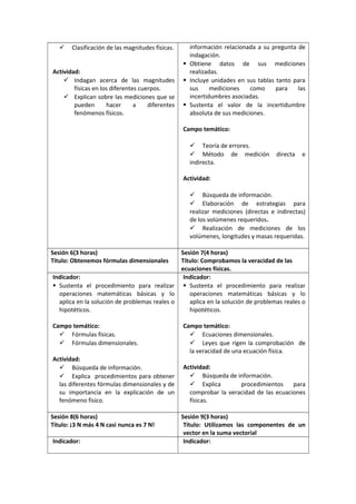  Clasificación de las magnitudes físicas.
Actividad:
 Indagan acerca de las magnitudes
físicas en los diferentes cuerpos.
 Explican sobre las mediciones que se
pueden hacer a diferentes
fenómenos físicos.
información relacionada a su pregunta de
indagación.
 Obtiene datos de sus mediciones
realizadas.
 Incluye unidades en sus tablas tanto para
sus mediciones como para las
incertidumbres asociadas.
 Sustenta el valor de la incertidumbre
absoluta de sus mediciones.
Campo temático:
 Teoría de errores.
 Método de medición directa e
indirecta.
Actividad:
 Búsqueda de información.
 Elaboración de estrategias para
realizar mediciones (directas e indirectas)
de los volúmenes requeridos.
 Realización de mediciones de los
volúmenes, longitudes y masas requeridas.
Sesión 6(3 horas)
Título: Obtenemos fórmulas dimensionales
Sesión 7(4 horas)
Título: Comprobamos la veracidad de las
ecuaciones físicas.
Indicador:
 Sustenta el procedimiento para realizar
operaciones matemáticas básicas y lo
aplica en la solución de problemas reales o
hipotéticos.
Campo temático:
 Fórmulas físicas.
 Fórmulas dimensionales.
Actividad:
 Búsqueda de información.
 Explica procedimientos para obtener
las diferentes fórmulas dimensionales y de
su importancia en la explicación de un
fenómeno físico.
Indicador:
 Sustenta el procedimiento para realizar
operaciones matemáticas básicas y lo
aplica en la solución de problemas reales o
hipotéticos.
Campo temático:
 Ecuaciones dimensionales.
 Leyes que rigen la comprobación de
la veracidad de una ecuación física.
Actividad:
 Búsqueda de información.
 Explica procedimientos para
comprobar la veracidad de las ecuaciones
físicas.
Sesión 8(6 horas)
Título: ¡3 N más 4 N casi nunca es 7 N!
Sesión 9(3 horas)
Título: Utilizamos las componentes de un
vector en la suma vectorial
Indicador: Indicador:
 