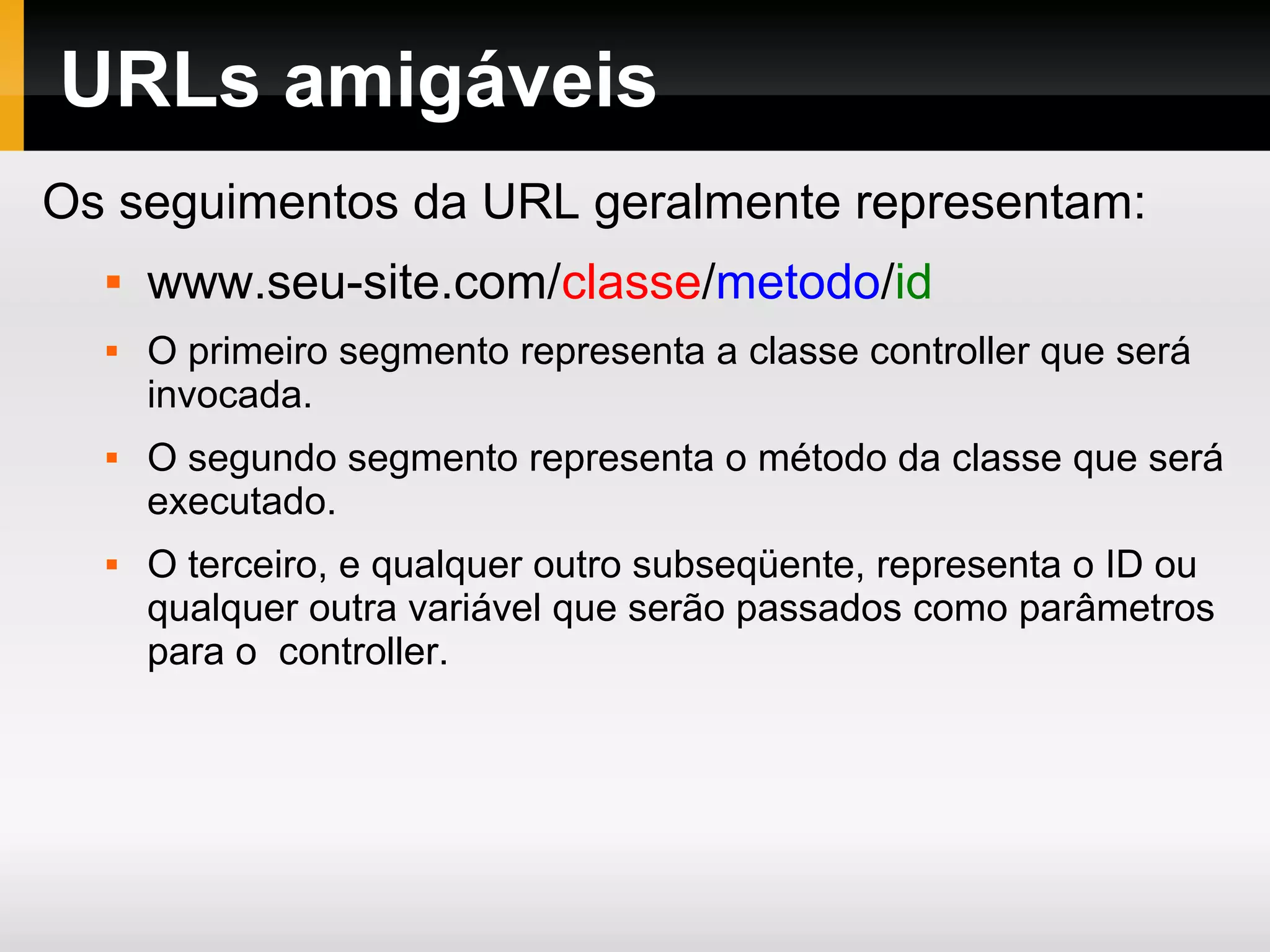 Instalação Baixe o CodeIgniter em: http://codeigniter.com/download.php Descompacte-o na pasta htdocs/www e renomeie o diretório para o nome mais adequado para sua aplicação. Abra o arquivo application/config/config.php em um editor de textos e altere a sua URL base. Para usar banco de dados, abra o arquivo application/config/database.php em um editor de textos e altere as configurações do seu banco. 