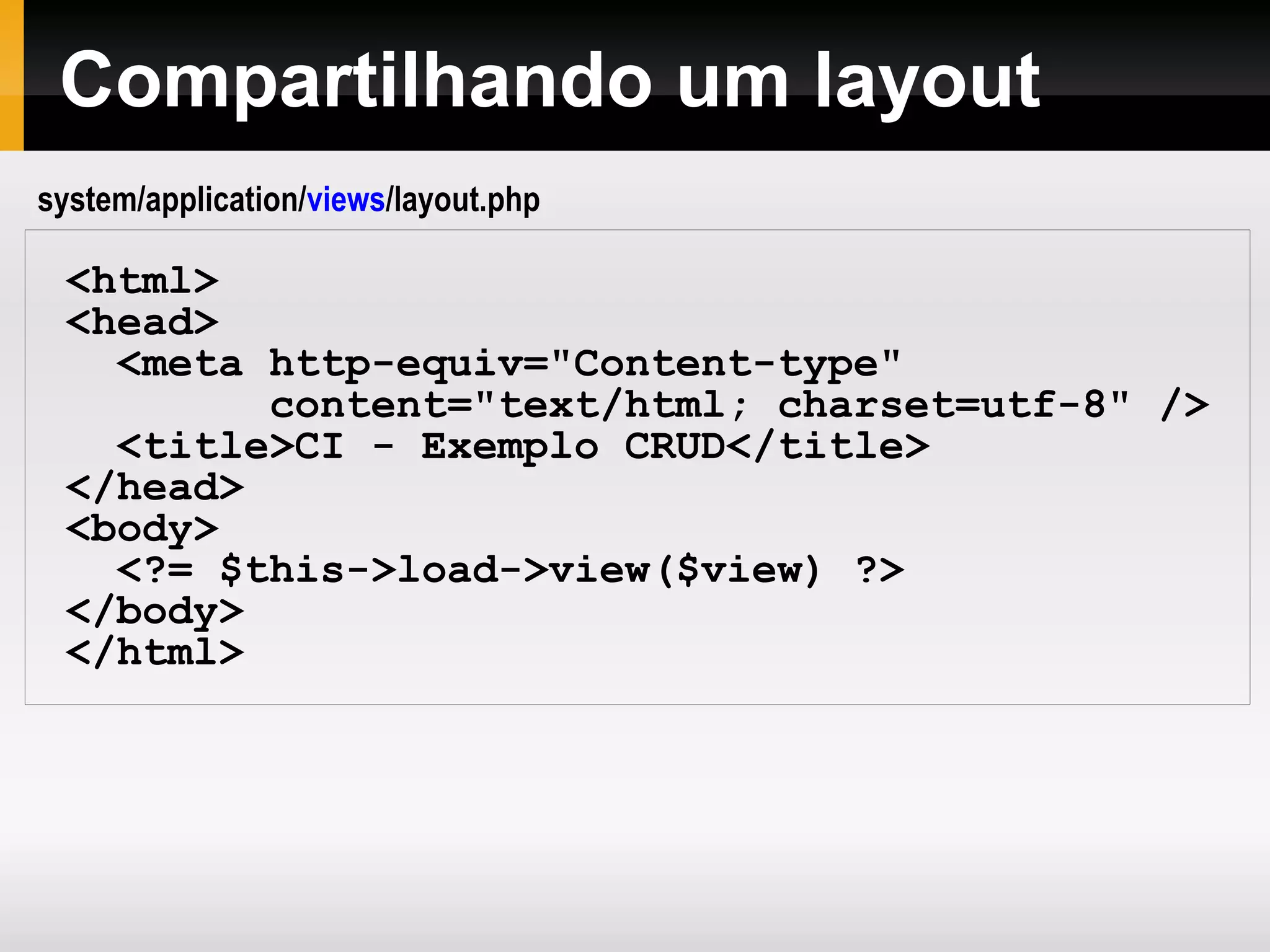 URLs amigáveis Os seguimentos da URL geralmente representam: www.seu-site.com/classe/metodo/id O primeiro segmento representa a classe controller que será invocada. O segundo segmento representa o método da classe que será executado. O terceiro, e qualquer outro subseqüente, representa o ID ou qualquer outra variável que serão passados como parâmetros para o controller. 