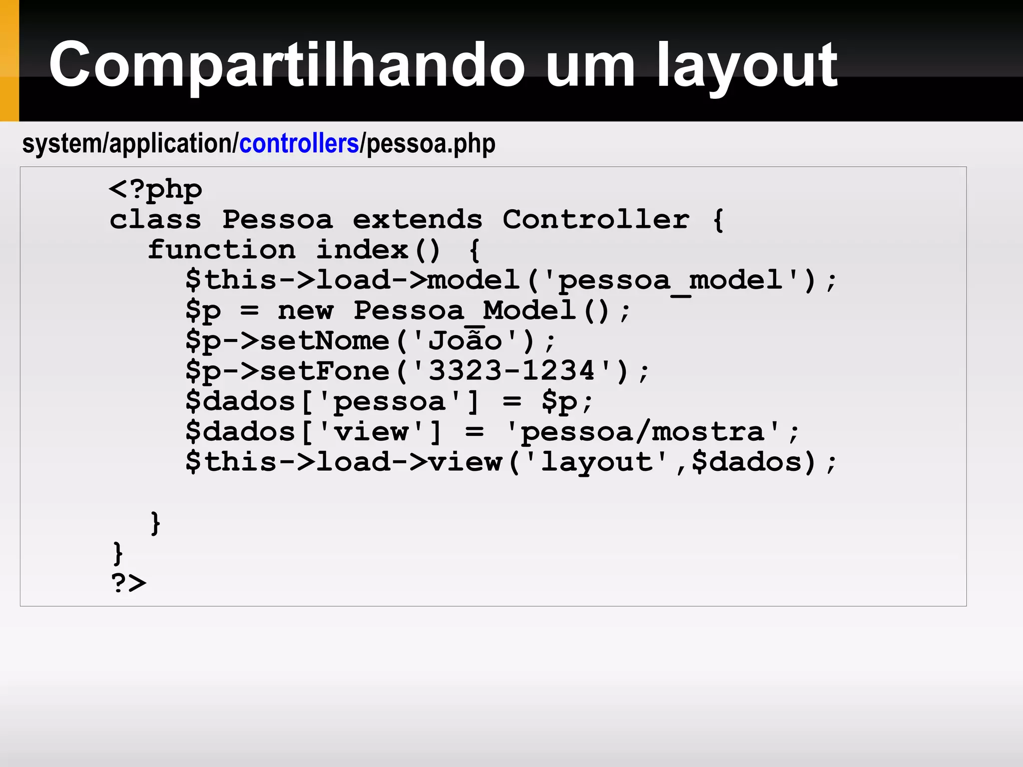 Removendo o index.php da URL Por padrão, index.php será incluso nas URLs: www.seu-site.com/index.php/noticias/artigos/meu_artigo Para evitar seu uso, basta criar algumas regras de reescrita de URL no arquivo .htaccess: Para as URLs geradas pelo CodeIgniter não incluirem o index.php, altere o arquivo de configuração para: RewriteEngine on RewriteCond $1 !^(index.php|img|css|js|robots.txt) RewriteRule ^(.*)$ index.php/$1 [L] $config['index_page'] = ''; 