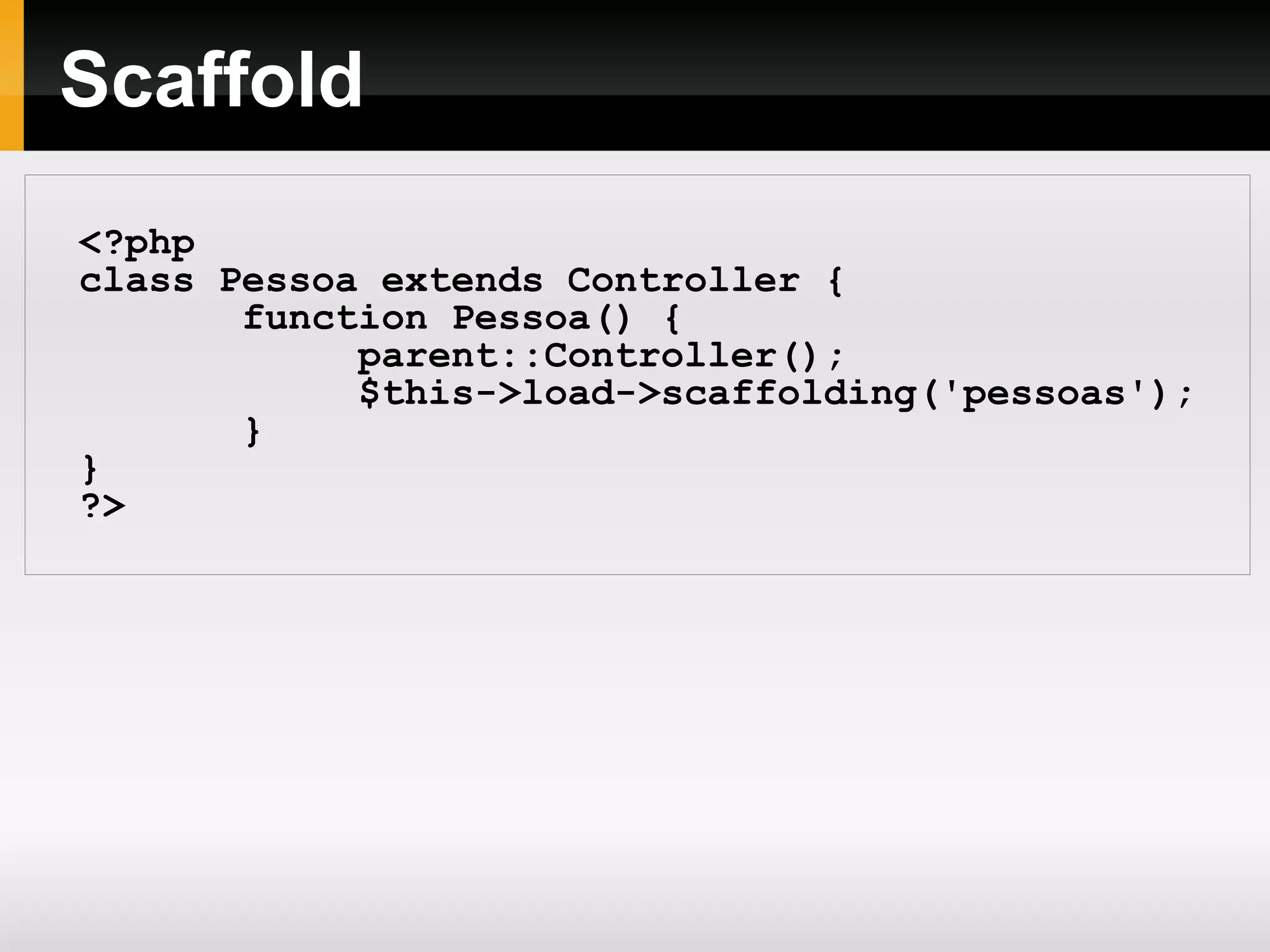 Visões dentro de pastas Uma boa prática consiste em armazenar as visões dentro de pastas: Uma sugestão é que o nome da pasta seja o nome do controlador e o nome do arquivo seja o nome da ação. $this->load->view('folder_name/file_name'); $this->load->view('hello/index'); 
