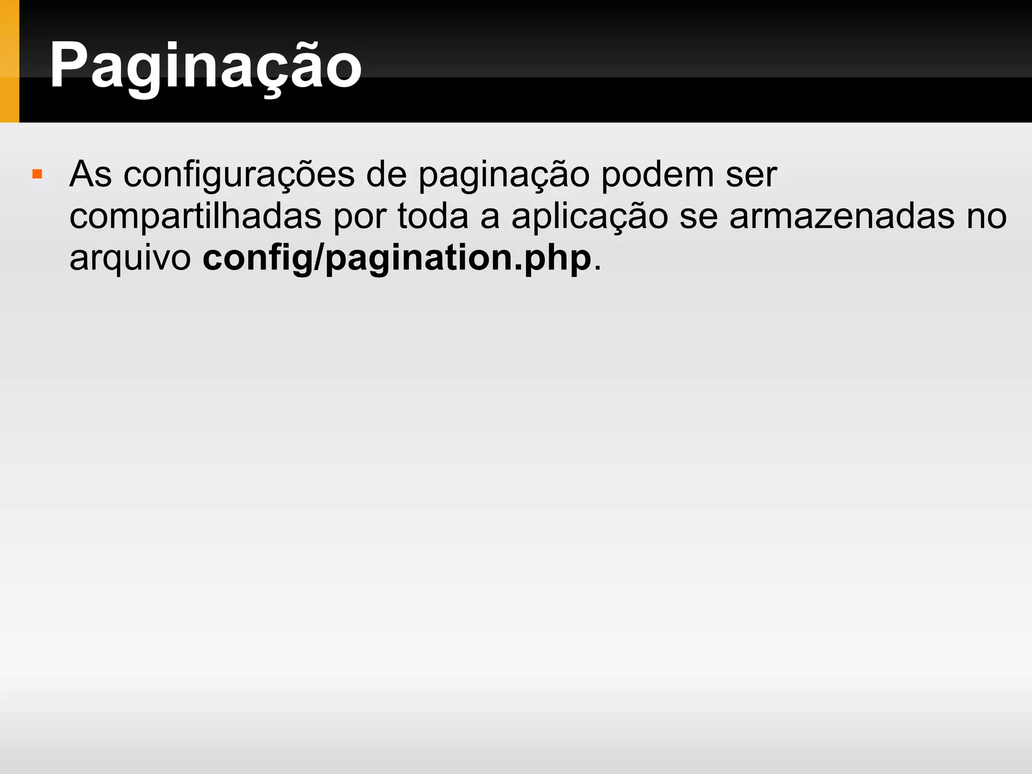 Configurações $db['default']['hostname'] = 'localhost'; $db['default']['username'] = 'root'; $db['default']['password'] = ''; $db['default']['database'] = 'prog_web'; $db['default']['dbdriver'] = 'mysql'; $config['base_url'] = ''; config/database.php config/config.php $route['default_controller'] = 'hello'; config/routes.php 