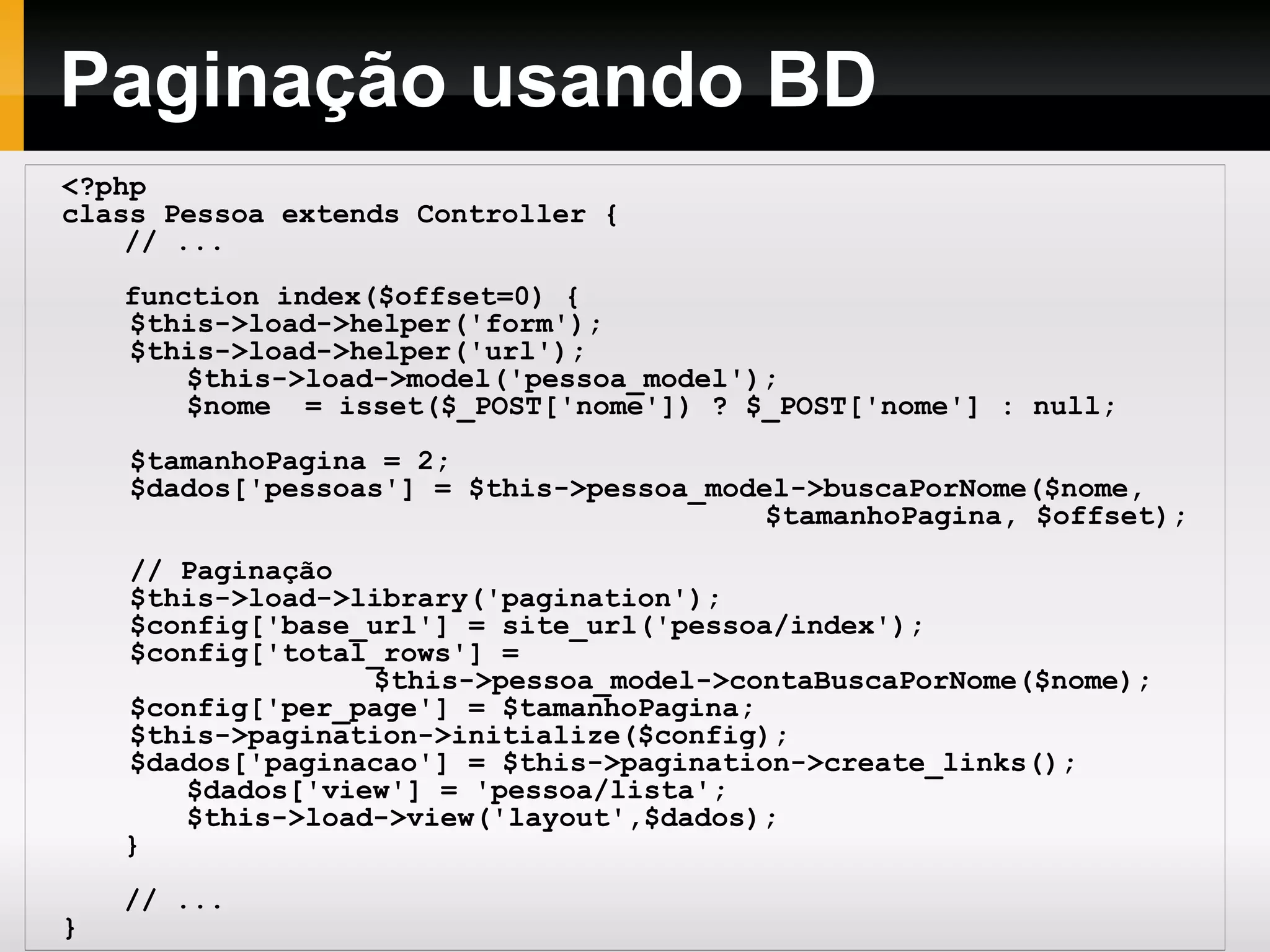 Diferentes formas de usar links através do CodeIgniter <?php $this->load->helper('url'); ?> <!DOCTYPE html> <html> <head> <title>Hello</title> </head> <body> <h1>Hello World!!!</h1> <p>Agora na Visão</p> <p>Nome: <?= $nome ?></p> <p><a href="<?= site_url('hello/acao')?>"> Ir para hello-acao usando site_url</a></p> <p><a href="<?= base_url('hello/acao')?>"> Ir para hello-acao usando base_url</a></p> <p><?= anchor('hello/acao', 'Ir para hello-acao usando anchor') ?></p> </body> </html> Vamos dar preferência ao uso de site_url 