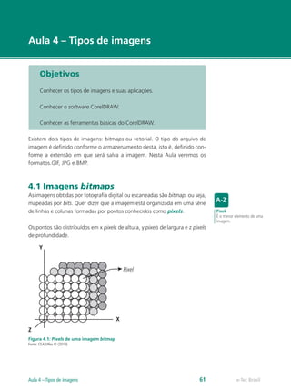 e-Tec Brasil
Aula 4 – Tipos de imagens
Objetivos
Conhecer os tipos de imagens e suas aplicações.
Conhecer o software CorelDRAW.
Conhecer as ferramentas básicas do CorelDRAW.
Existem dois tipos de imagens: bitmaps ou vetorial. O tipo do arquivo de
imagem é definido conforme o armazenamento desta, isto é, definido con-
forme a extensão em que será salva a imagem. Nesta Aula veremos os
formatos.GIF, JPG e.BMP.
4.1 Imagens bitmaps
As imagens obtidas por fotografia digital ou escaneadas são bitmap, ou seja,
mapeadas por bits. Quer dizer que a imagem está organizada em uma série
de linhas e colunas formadas por pontos conhecidos como pixels.
Os pontos são distribuídos em x pixels de altura, y pixels de largura e z pixels
de profundidade.
Y
Pixel
Z
X
Figura 4.1: Pixels de uma imagem bitmap
Fonte: CEAD/Ifes © (2010)
Pixek
É o menor elemento de uma
imagem.
e-Tec BrasilAula 4 – Tipos de imagens 61
 