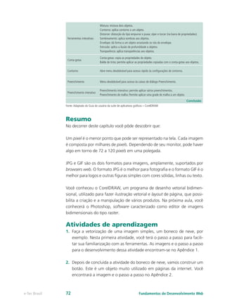 Ferramentas interativas
Mistura: mistura dois objetos.
Contorno: aplica contorno a um objeto.
Distorcer: distorção do tipo empurrar e puxar, zíper e torcer (na barra de propriedades).
Sombreamento: aplica sombras aos objetos.
Envelope: dá forma a um objeto arrastando os nós do envelope.
Extrusão: aplica a ilusão de profundidade a objetos.
Transparência: aplica transparências aos objetos.
Conta-gotas
Conta-gotas: copia as propriedades do objeto.
Balde de tinta: permite aplicar as propriedades copiadas com o conta-gotas aos objetos.
Contorno Abre menu desdobrável para acesso rápido às configurações de contorno.
Preenchimento Menu desdobrável para acesso às caixas de diálogo Preenchimento.
Preenchimento interativo
Preenchimento interativo: permite aplicar vários preenchimentos.
Preenchimento de malha: Permite aplicar uma grade de malha a um objeto.
Conclusão
Fonte:Adaptado do Guia do usuário da suíte de aplicativos gráficos – CorelDRAW
Resumo
No decorrer deste capítulo você pôde descobrir que:
Um pixel é o menor ponto que pode ser representado na tela. Cada imagem
é composta por milhares de pixels. Dependendo de seu monitor, pode haver
algo em torno de 72 a 120 pixels em uma polegada.
JPG e GIF são os dois formatos para imagens, amplamente, suportados por
browsers web. O formato JPG é o melhor para fotografia e o formato GIF é o
melhor para logos e outras figuras simples com cores sólidas, linhas ou texto.
Você conheceu o CorelDRAW, um programa de desenho vetorial bidimen-
sional, utilizado para fazer ilustração vetorial e layout de página, que possi-
bilita a criação e a manipulação de vários produtos. Na próxima aula, você
conhecerá o Photoshop, software caracterizado como editor de imagens
bidimensionais do tipo raster.
Atividades de aprendizagem
1.	 Faça a vetorização de uma imagem simples, um boneco de neve, por
exemplo. Nesta primeira atividade, você terá o passo a passo para facili-
tar sua familiarização com as ferramentas. As imagens e o passo a passo
para o desenvolvimento dessa atividade encontram-se no Apêndice 1.
2.	 Depois de concluída a atividade do boneco de neve, vamos construir um
botão. Este é um objeto muito utilizado em páginas da internet. Você
encontrará a imagem e o passo a passo no Apêndice 2.
Fundamentos do Desenvolvimento Webe-Tec Brasil 72
 
