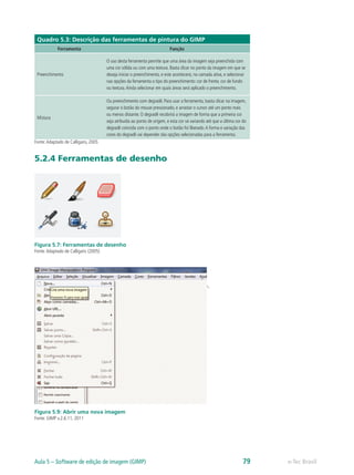 Quadro 5.3: Descrição das ferramentas de pintura do GIMP
Ferramenta Função
Preenchimento
O uso desta ferramenta permite que uma área da imagem seja preenchida com
uma cor sólida ou com uma textura. Basta clicar no ponto da imagem em que se
deseja iniciar o preenchimento, e este acontecerá, na camada ativa, e selecionar
nas opções da ferramenta o tipo do preenchimento: cor de frente, cor de fundo
ou textura.Ainda selecionar em quais áreas será aplicado o preenchimento.
Mistura
Ou preenchimento com degradê. Para usar a ferramenta, basta clicar na imagem,
segurar o botão do mouse pressionado, e arrastar o cursor até um ponto mais
ou menos distante. O degradê recobrirá a imagem de forma que a primeira cor
seja atribuída ao ponto de origem, e esta cor vá variando até que a última cor do
degradê coincida com o ponto onde o botão foi liberado.A forma e variação das
cores do degradê vai depender das opções selecionadas para a ferramenta.
Fonte:Adaptado de Calligaris, 2005
5.2.4 Ferramentas de desenho
Figura 5.7: Ferramentas de desenho
Fonte:Adaptado de Calligaris (2005)
5.3 Para abrir uma nova imagem
Para abrir uma nova imagem basta clicar em Arquivo > Novo.
Figura 5.9: Abrir uma nova imagem
Fonte: GIMP v.2.6.11, 2011
e-Tec BrasilAula 5 – Software de edição de imagem (GIMP) 79
 
