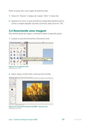Porém se quiser abrir uma imagem já existente então:
1.	 Clique em “Arquivo” navegue até a opção “Abrir” e clique nela.
2.	 Aparecerá um menu no qual você deverá navegar pelos diretórios até en-
contrar a imagem desejada. Quando a encontrar, basta clicar em “OK”.
5.4 Recortando uma imagem
Para recortar partes da imagem, é necessário realize os seguintes passos:
1.	 Localize na caixa de ferramentas a ferramenta corte.
Figura 5.12: Ferramenta Corte
Fonte: GIMP v.2.6.11, 2011
2.	 Agora, clique e arraste sobre a área que será mantida.
Figura 5.13: Caixa de ferramentas do GIMP – Área de corte
Fonte: GIMP v.2.6.11, 2011
e-Tec BrasilAula 5 – Software de edição de imagem (GIMP) 81
 