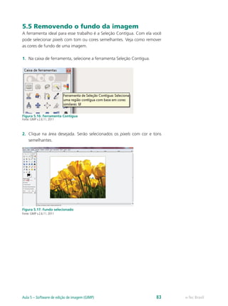 5.5 Removendo o fundo da imagem
A ferramenta ideal para esse trabalho é a Seleção Contígua. Com ela você
pode selecionar pixels com tom ou cores semelhantes. Veja como remover
as cores de fundo de uma imagem.
1.	 Na caixa de ferramenta, selecione a ferramenta Seleção Contígua.
Figura 5.16: Ferramenta Contígua
Fonte: GIMP v.2.6.11, 2011
2.	 Clique na área desejada. Serão selecionados os pixels com cor e tons
semelhantes.
Figura 5.17: Fundo selecionado
Fonte: GIMP v.2.6.11, 2011
e-Tec BrasilAula 5 – Software de edição de imagem (GIMP) 83
 
