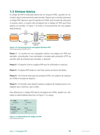 e-Tec BrasilAula 1 – A linguagem PHP 19
1.3 Sintaxe básica
O código do PHP é embutido dentro de um arquivo HTML, quando for ne-
cessário algum processamento pelo servidor. Depois que o servidor processar
o código PHP, apenas o que for gerado em HTML será enviado de volta para
o usuário; assim, o usuário não conseguirá ver o código em PHP, que ficará
apenas no servidor. A Figura 1.4 ilustra o funcionamento de uma página
web dinâmica.
Navegador HTTP
HTML
Executa Banco de
Dados
Módulo PHP
Páginas .PHP
Servidor Web
APACHE
1
2
4
3
5
Figura 1.4: Funcionamento de uma página dinâmica PHP
Fonte: Equipe produção CEAD/IFES (2011)
Passo 1 – O usuário em seu navegador solicita uma página em PHP, por
exemplo, consulta.php. Essa solicitação é enviada pelo protocolo HTTP ao
servidor web da empresa (por exemplo, o Apache).
Passo 2 – O Apache chama a página PHP que foi solicitada e a executa.
Passo 3 – A página PHP pode ou não fazer acesso ao banco de dados.
Passo 4 – Ao final da execução do programa PHP, uma página de resposta
em HTML é enviada ao Apache.
Passo 5 – O Servidor web Apache repassa a página de resposta para o na-
vegador que a solicitou, que a exibe.
Para diferenciar o código PHP dentro da página em HTML, podem ser utili-
zados os delimitadores descritos na Figura 1.5 a seguir.
1) <?php
Comandos;
?>
2) <?
Comandos;
?>
3) <script
language=”php”>
Comandos;
</script>
4) <%
Commandos;
%>
Figura 1.5: Delimitadores de código em PHP
Fonte: Elaborada pelo autor
 