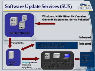 Software Update Services (SUS) Automatic Updates  istemcili Şirket Sunucuları, Masaüstleri ve Taşınablirler WindowsUpdate Internet Intranet Çalışan  SUS Windows:  Kritik Güvenlik Yamaları ,  Güvenlik Dağıtımları ,  Servis Paketleri Web tabanlı Sistem Yönetimi. Yönetici yamaları onaylar.  Yama Senkr. Onaylı  yamalar yüklenip uygulanır. Merkezi İstemci Yapılandırması 