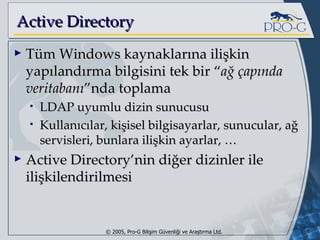Active Directory Tüm Windows kaynaklarına ilişkin yapılandırma bilgisini tek bir “ ağ çapında veritabanı ”nda toplama LDAP uyumlu dizin sunucusu Kullanıcılar, kişisel bilgisayarlar, sunucular, ağ servisleri, bunlara ilişkin ayarlar, … Active Directory’nin diğer dizinler ile ilişkilendirilmesi 