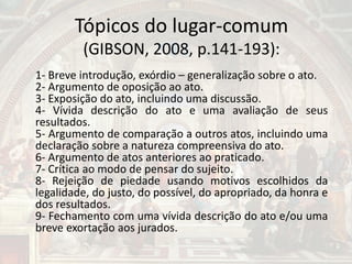 Tópicos do lugar-comum
(GIBSON, 2008, p.141-193):
1- Breve introdução, exórdio – generalização sobre o ato.
2- Argumento de oposição ao ato.
3- Exposição do ato, incluindo uma discussão.
4- Vívida descrição do ato e uma avaliação de seus
resultados.
5- Argumento de comparação a outros atos, incluindo uma
declaração sobre a natureza compreensiva do ato.
6- Argumento de atos anteriores ao praticado.
7- Crítica ao modo de pensar do sujeito.
8- Rejeição de piedade usando motivos escolhidos da
legalidade, do justo, do possível, do apropriado, da honra e
dos resultados.
9- Fechamento com uma vívida descrição do ato e/ou uma
breve exortação aos jurados.
 