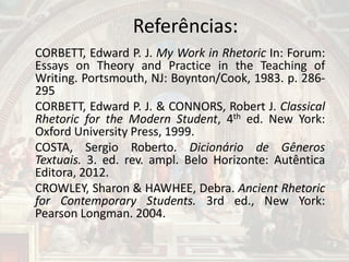 Referências:
CORBETT, Edward P. J. My Work in Rhetoric In: Forum:
Essays on Theory and Practice in the Teaching of
Writing. Portsmouth, NJ: Boynton/Cook, 1983. p. 286-
295
CORBETT, Edward P. J. & CONNORS, Robert J. Classical
Rhetoric for the Modern Student, 4th ed. New York:
Oxford University Press, 1999.
COSTA, Sergio Roberto. Dicionário de Gêneros
Textuais. 3. ed. rev. ampl. Belo Horizonte: Autêntica
Editora, 2012.
CROWLEY, Sharon & HAWHEE, Debra. Ancient Rhetoric
for Contemporary Students. 3rd ed., New York:
Pearson Longman. 2004.
 