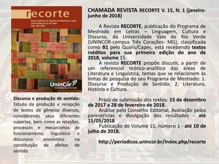 CHAMADA REVISTA RECORTE V. 15, N. 1 (janeiro-
junho de 2018)
A Revista RECORTE, publicação do Programa de
Mestrado em Letras – Linguagem, Cultura e
Discurso, da Universidade Vale do Rio Verde
(UNINCOR-campus Três Corações- MG), classificada
como B1 pelo Qualis/Capes, está recebendo textos
inéditos para sua primeira edição do ano de
2018, volume 15.
A revista RECORTE propõe discutir, a partir de
um referencial teórico-analítico das áreas de
Literatura e Linguística, temas que se relacionem às
linhas de pesquisa do seu Programa de Mestrado: 1.
Discurso e Produção de Sentido; 2. Literatura,
História e Cultura.
Prazo de submissão dos textos: 15 de dezembro
de 2017 a 28 de fevereiro de 2018.
Análise pelo Conselho Editorial, Avaliação pelos
pareceristas e divulgação dos resultados - até
15/05/2018
Publicação do Volume 15, número 1 - até 10 de
julho de 2018.
http://periodicos.unincor.br/index.php/recorte
Discurso e produção de sentido:
Estudo da produção e recepção
de textos de gêneros diversos,
considerando seus diferentes
suportes, bem como as relações,
processos e mecanismos de
funcionamento linguístico e
discursivo envolvidos na
constituição de efeitos de
sentido
 
