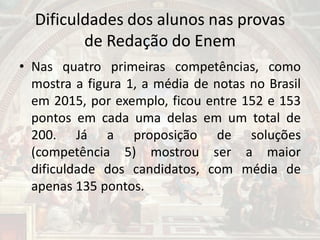 Dificuldades dos alunos nas provas
de Redação do Enem
• Nas quatro primeiras competências, como
mostra a figura 1, a média de notas no Brasil
em 2015, por exemplo, ficou entre 152 e 153
pontos em cada uma delas em um total de
200. Já a proposição de soluções
(competência 5) mostrou ser a maior
dificuldade dos candidatos, com média de
apenas 135 pontos.
 