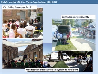 Can Cuiàs, Barcelona, 2012
Can Batlló, Barcelona, 2012
UMVA- Unidad Móvil de Video Arquitectura, 2011-2017
On-site review of the students’ analysis in the mobile unit
 