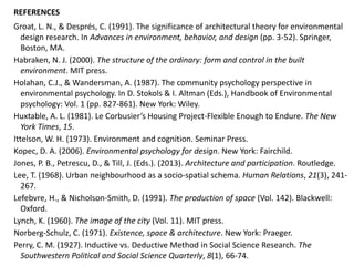 Groat, L. N., & Després, C. (1991). The significance of architectural theory for environmental
design research. In Advances in environment, behavior, and design (pp. 3-52). Springer,
Boston, MA.
Habraken, N. J. (2000). The structure of the ordinary: form and control in the built
environment. MIT press.
Holahan, C.J., & Wandersman, A. (1987). The community psychology perspective in
environmental psychology. In D. Stokols & I. Altman (Eds.), Handbook of Environmental
psychology: Vol. 1 (pp. 827-861). New York: Wiley.
Huxtable, A. L. (1981). Le Corbusier’s Housing Project-Flexible Enough to Endure. The New
York Times, 15.
Ittelson, W. H. (1973). Environment and cognition. Seminar Press.
Kopec, D. A. (2006). Environmental psychology for design. New York: Fairchild.
Jones, P. B., Petrescu, D., & Till, J. (Eds.). (2013). Architecture and participation. Routledge.
Lee, T. (1968). Urban neighbourhood as a socio-spatial schema. Human Relations, 21(3), 241-
267.
Lefebvre, H., & Nicholson-Smith, D. (1991). The production of space (Vol. 142). Blackwell:
Oxford.
Lynch, K. (1960). The image of the city (Vol. 11). MIT press.
Norberg-Schulz, C. (1971). Existence, space & architecture. New York: Praeger.
Perry, C. M. (1927). Inductive vs. Deductive Method in Social Science Research. The
Southwestern Political and Social Science Quarterly, 8(1), 66-74.
REFERENCES
 