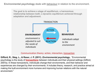 Environmental psychology deals with behaviour in relation to the environment.
BEHAVIOURENVIRONMENT
environment is
adjusted to suit
the needs of
individuals
REACTION
Gifford, R., Steg, L., & Reser, J. P. (2011). Environmental psychology.. “Environmental
psychology is the study of transactions between individuals and their physical settings (Gifford,
2007a). In these transactions, individuals change their environments, and their behavior and
experiences are changed by their environments. It includes theory, research, and practice aimed at
making the built environment more humane and improving human relations with the natural
environment.”
Communication theory: action, interaction, transaction
ACTION
individuals adapt
to the
environment
TRANSACTION
The goal is to achieve a stage of equilibrium, a harmonious
relationship between both; a dynamic equilibrium achieved through
adaptation and adjustment.
 