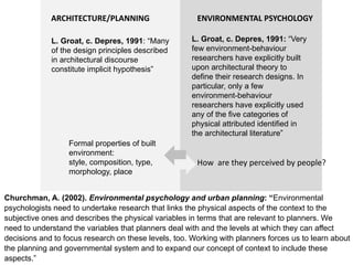 ENVIRONMENTAL PSYCHOLOGY
L. Groat, c. Depres, 1991: “Very
few environment-behaviour
researchers have explicitly built
upon architectural theory to
define their research designs. In
particular, only a few
environment-behaviour
researchers have explicitly used
any of the five categories of
physical attributed identified in
the architectural literature”
L. Groat, c. Depres, 1991: “Many
of the design principles described
in architectural discourse
constitute implicit hypothesis”
ARCHITECTURE/PLANNING
Formal properties of built
environment:
style, composition, type,
morphology, place
How are they perceived by people?
Churchman, A. (2002). Environmental psychology and urban planning: “Environmental
psychologists need to undertake research that links the physical aspects of the context to the
subjective ones and describes the physical variables in terms that are relevant to planners. We
need to understand the variables that planners deal with and the levels at which they can affect
decisions and to focus research on these levels, too. Working with planners forces us to learn about
the planning and governmental system and to expand our concept of context to include these
aspects.”
 
