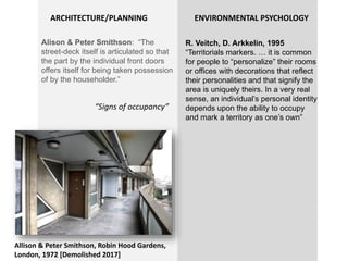 R. Veitch, D. Arkkelin, 1995
“Territorials markers. … it is common
for people to “personalize” their rooms
or offices with decorations that reflect
their personalities and that signify the
area is uniquely theirs. In a very real
sense, an individual’s personal identity
depends upon the ability to occupy
and mark a territory as one’s own”
Alison & Peter Smithson: “The
street-deck itself is articulated so that
the part by the individual front doors
offers itself for being taken possession
of by the householder.”
Allison & Peter Smithson, Robin Hood Gardens,
London, 1972 [Demolished 2017]
“Signs of occupancy”
ENVIRONMENTAL PSYCHOLOGYARCHITECTURE/PLANNING
 