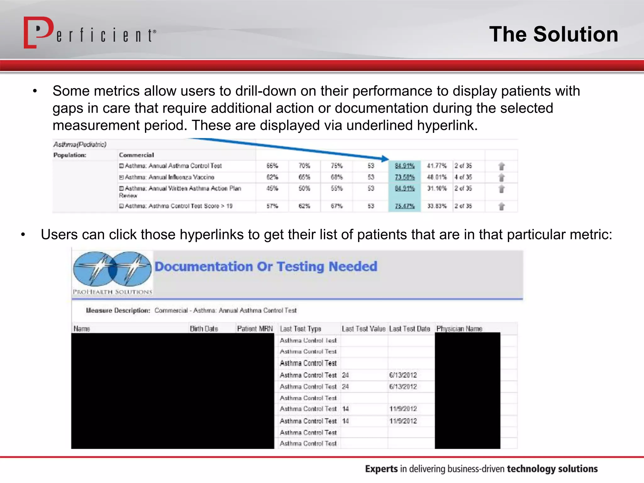 The Solution
• Some metrics allow users to drill-down on their performance to display patients with
gaps in care that require additional action or documentation during the selected
measurement period. These are displayed via underlined hyperlink.
• Users can click those hyperlinks to get their list of patients that are in that particular metric:
 